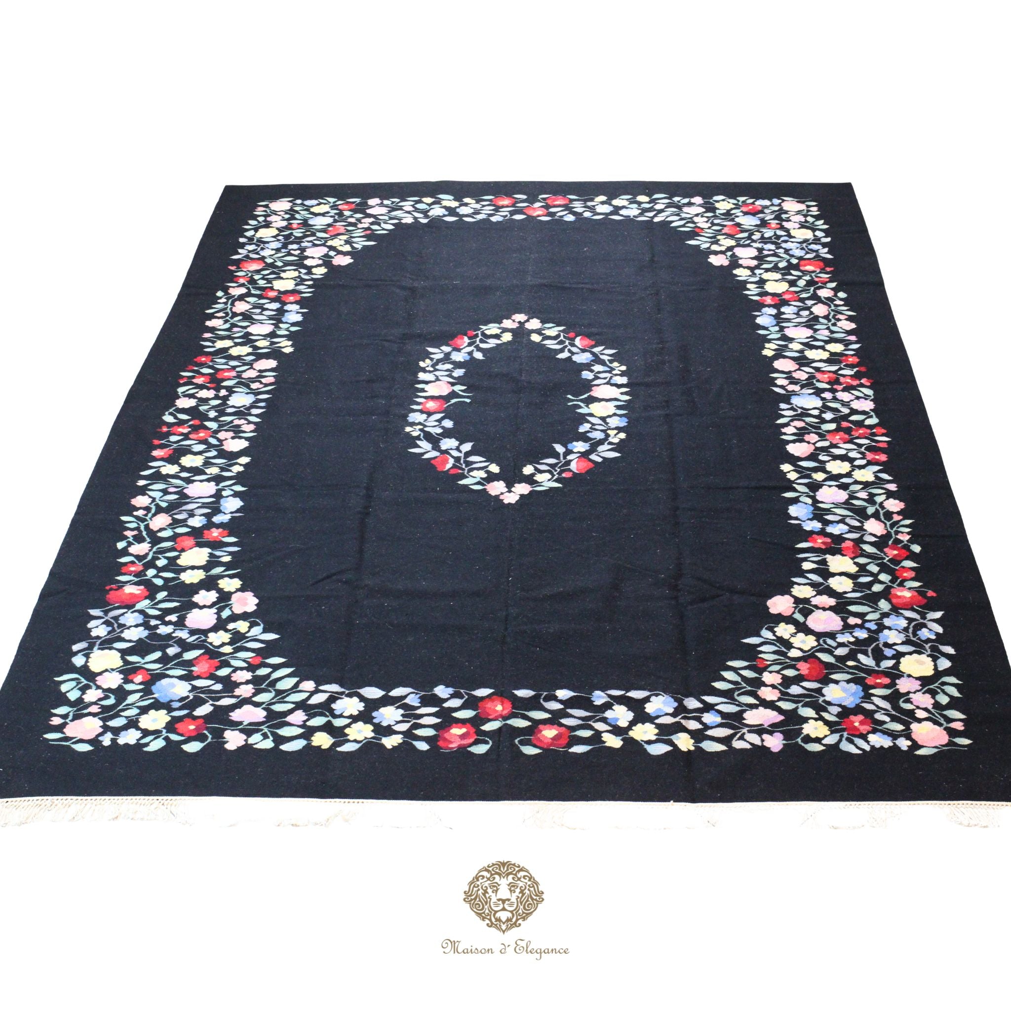 Alfombra Fino Kilim Tejido Plano Lana Negro Natural - Diseño Floral Europea 373x264 cm