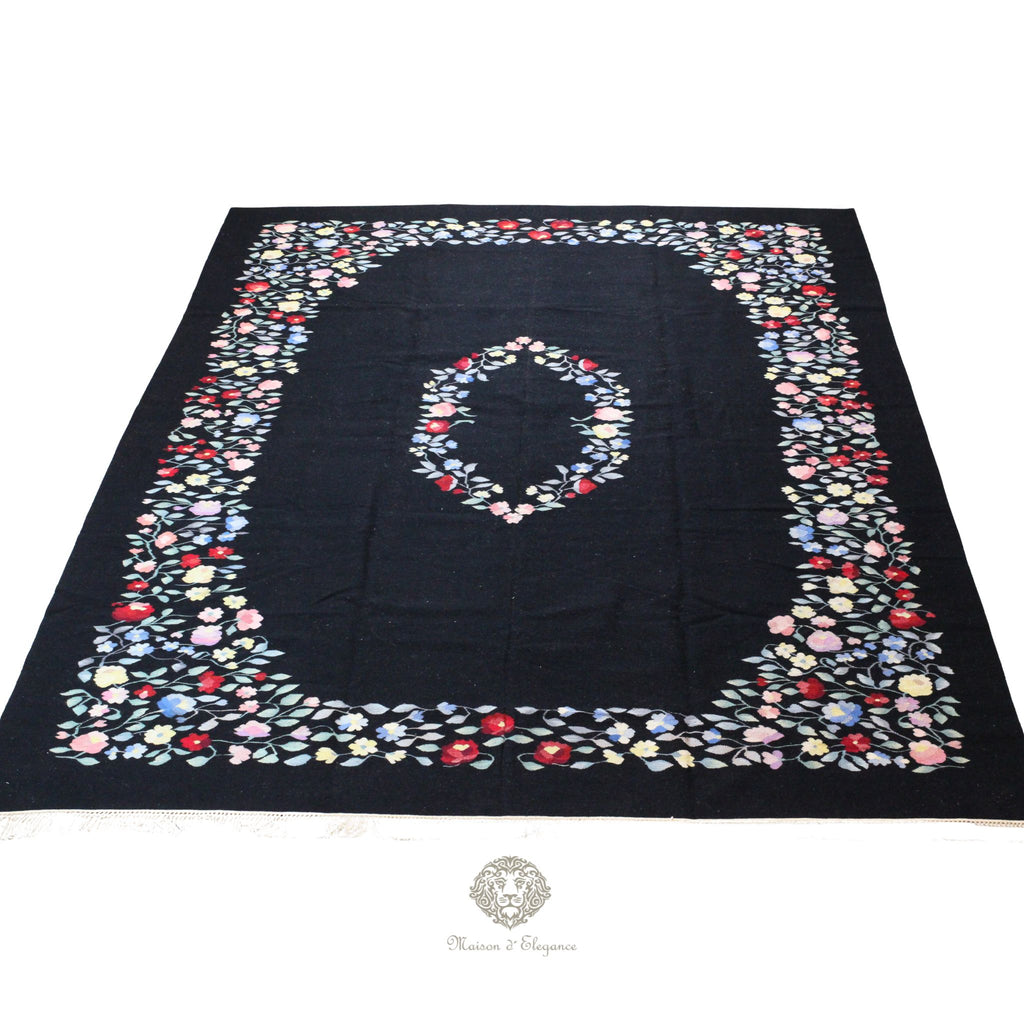 Alfombra Fino Kilim Tejido Plano Lana Negro Natural - Diseño Floral Europea 373x264 cm Doble cara