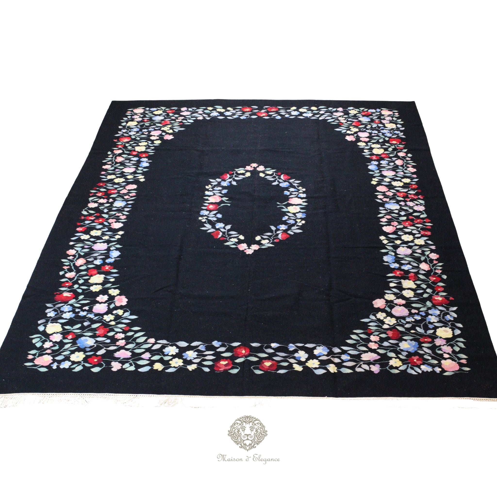 Alfombra Fino Kilim Tejido Plano Lana Negro Natural - Diseño Floral Europea 373x264 cm Doble cara