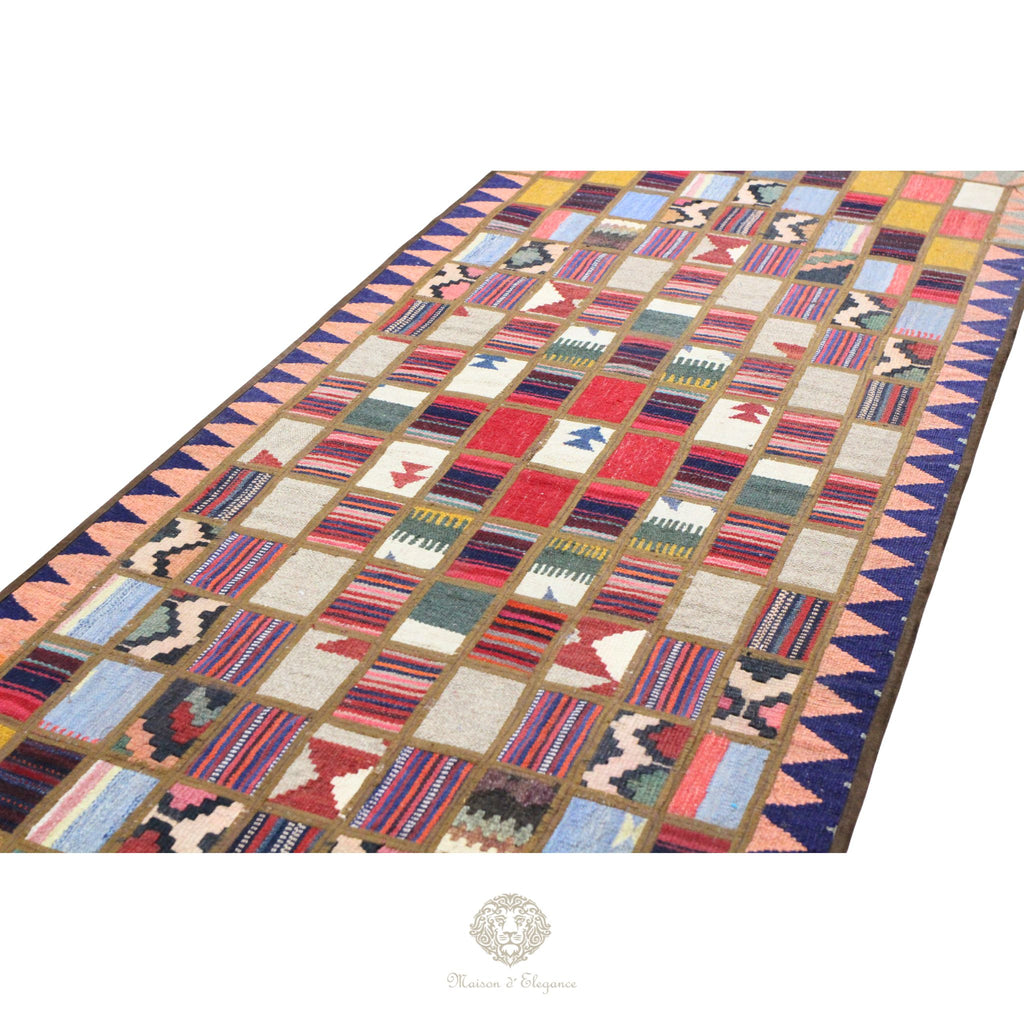 Alfombra persa Kilim Patchwork Runner | Cosido con refuerzo de cuero 82x203 cm