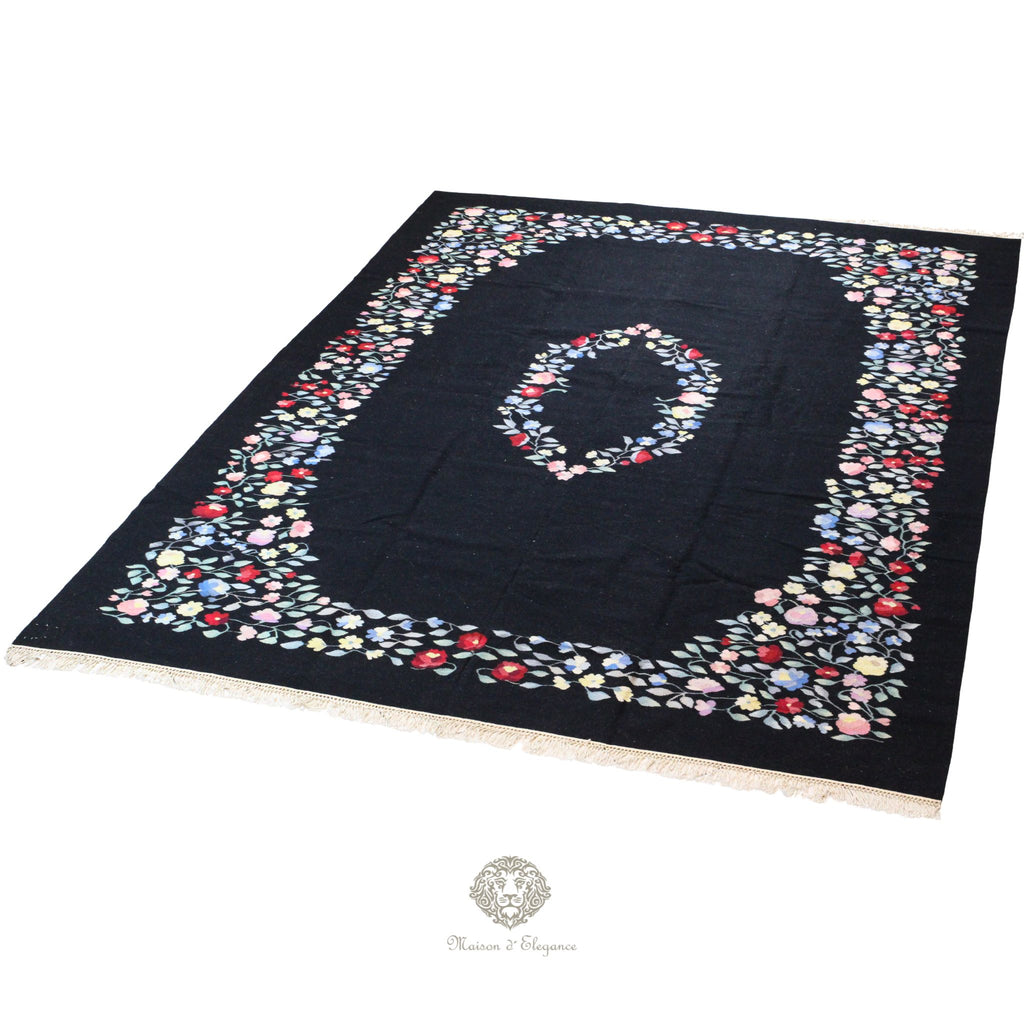 Alfombra Fino Kilim Tejido Plano Lana Negro Natural - Diseño Floral Europea 373x264 cm Doble cara