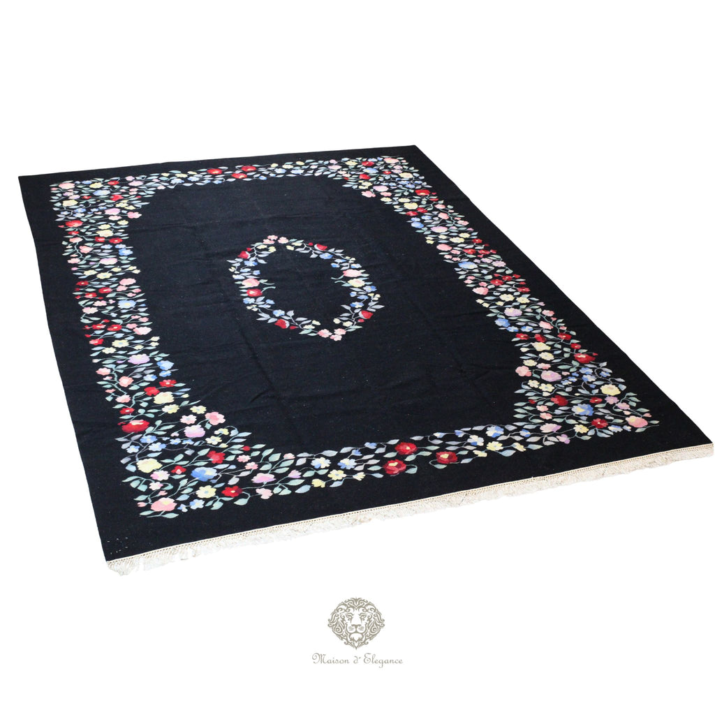 Alfombra Fino Kilim Tejido Plano Lana Negro Natural - Diseño Floral Europea 373x264 cm Doble cara