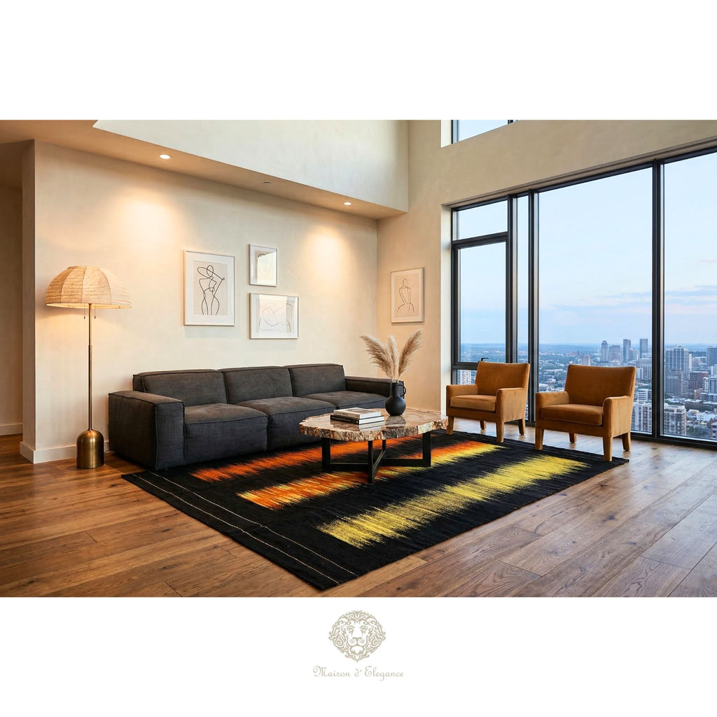 Alfombra Kelim Kia Sar Negra Con detales en amarillo y Naranja 291 x 191 cm