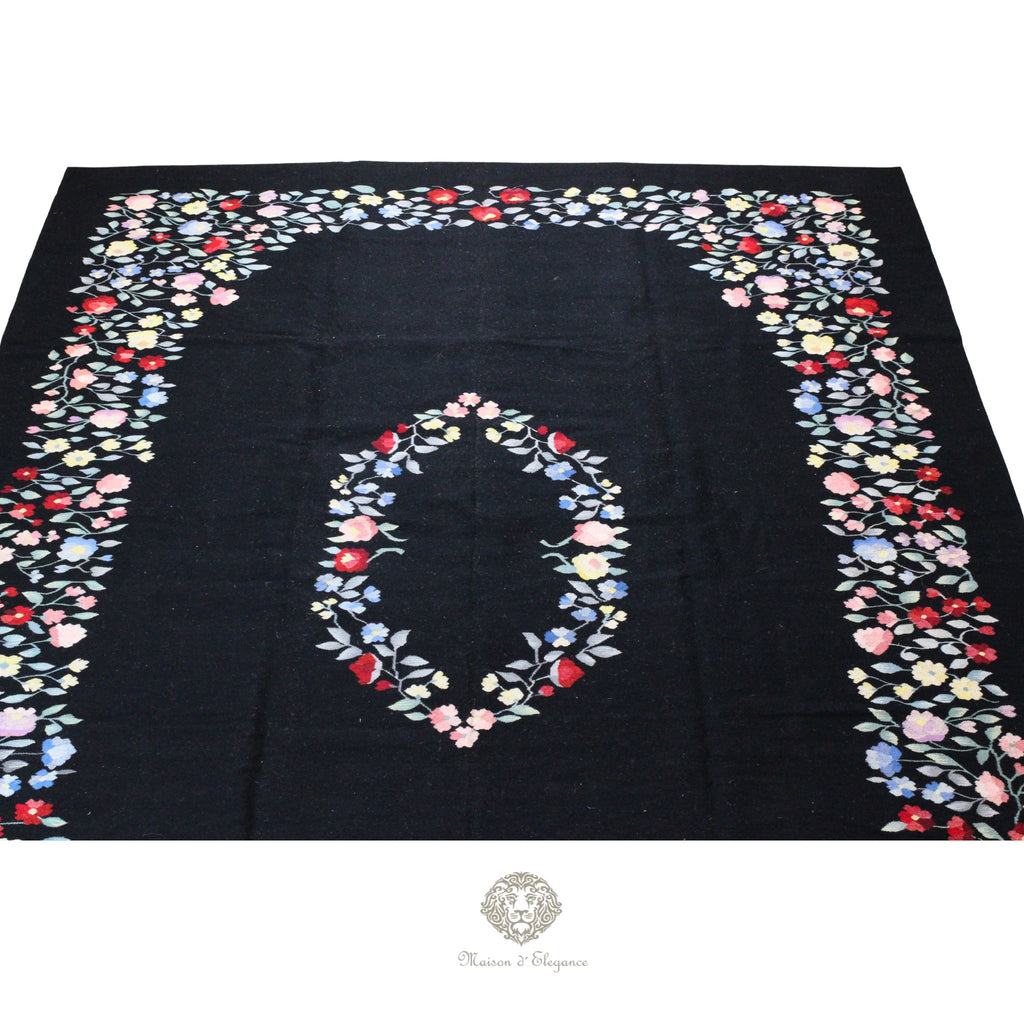 Alfombra Fino Kilim Tejido Plano Lana Negro Natural - Diseño Floral Europea 373x264 cm Doble cara