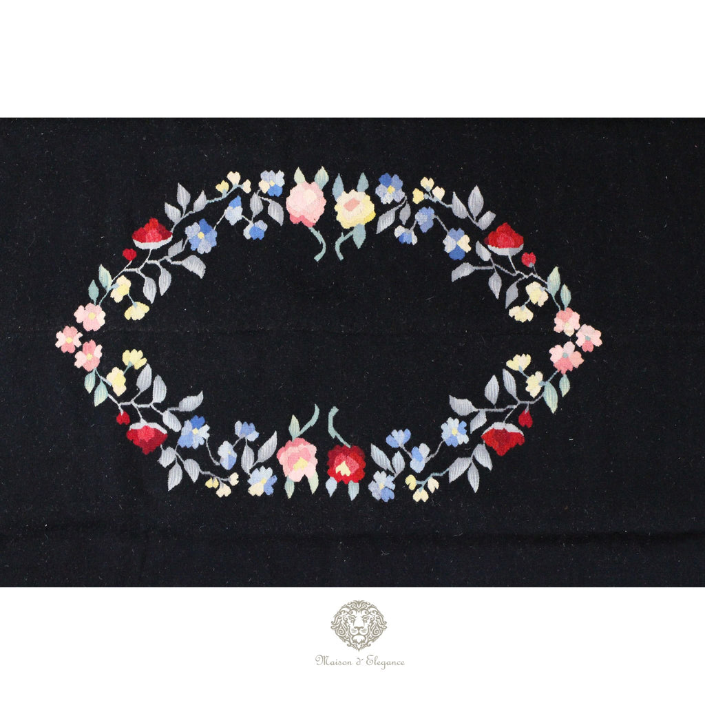 Alfombra Fino Kilim Tejido Plano Lana Negro Natural - Diseño Floral Europea 373x264 cm Doble cara