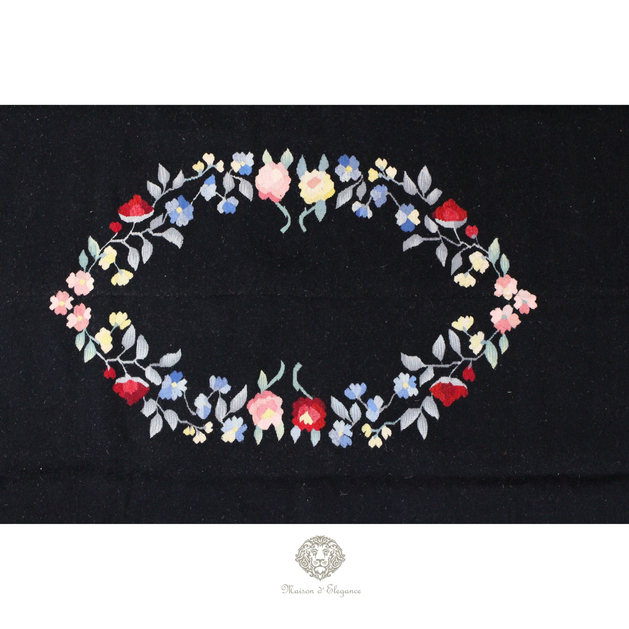 Alfombra Fino Kilim Tejido Plano Lana Negro Natural - Diseño Floral Europea 373x264 cm Doble cara
