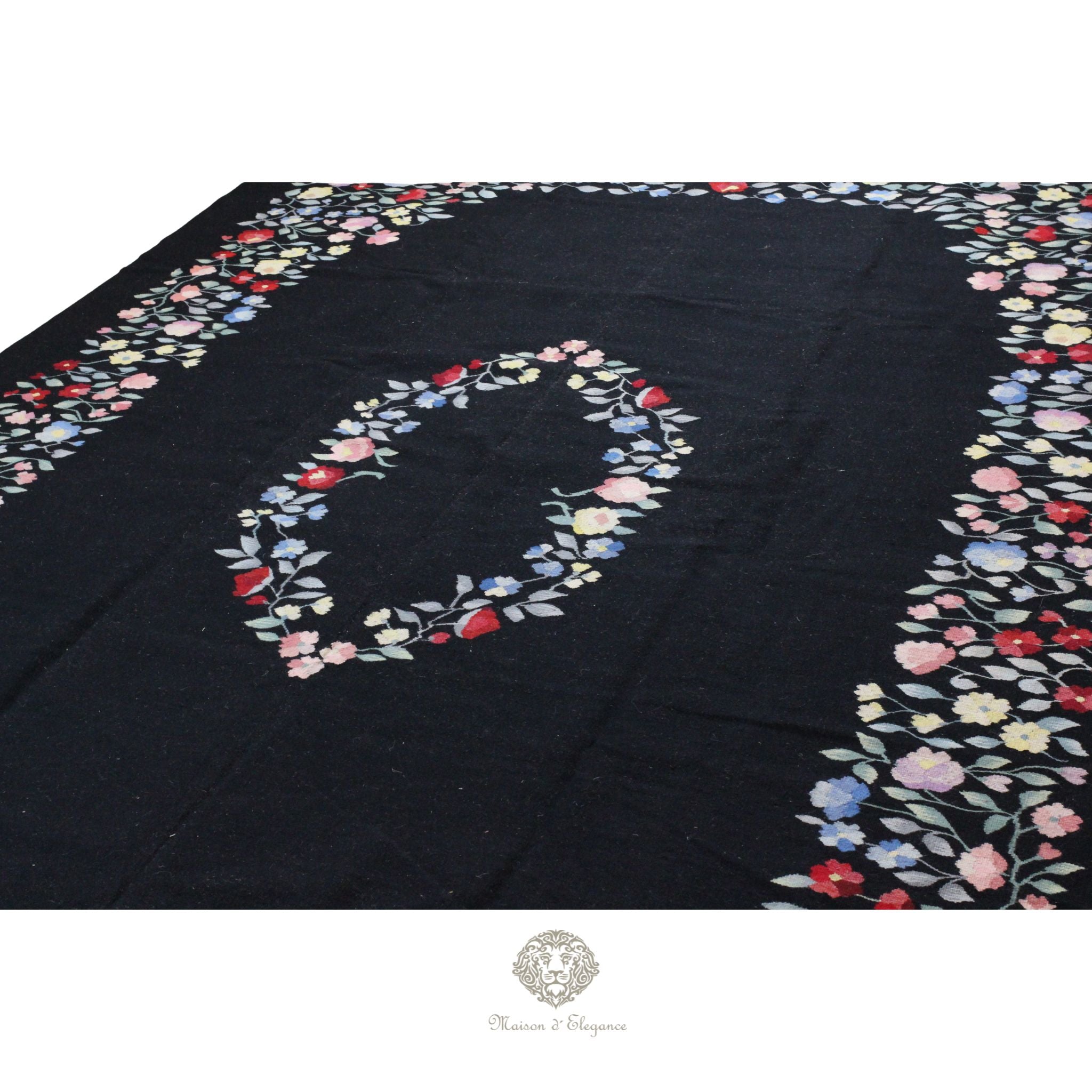 Alfombra Fino Kilim Tejido Plano Lana Negro Natural - Diseño Floral Europea 373x264 cm Doble cara
