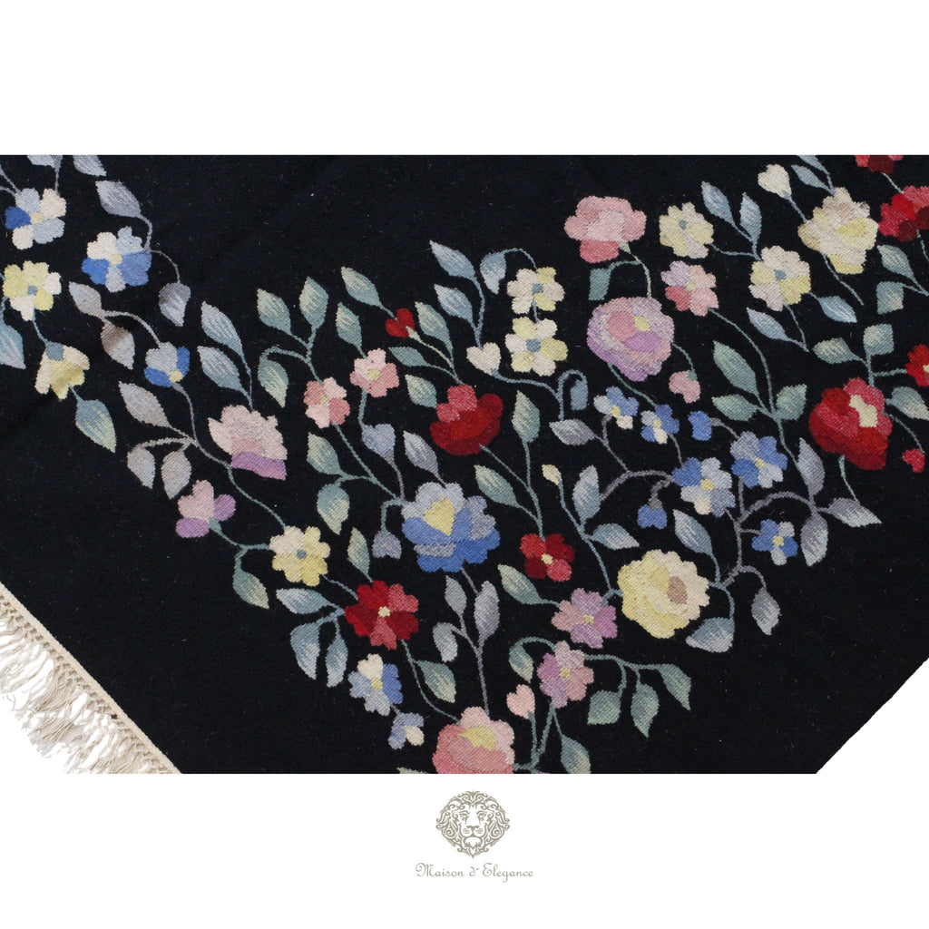 Alfombra Fino Kilim Tejido Plano Lana Negro Natural - Diseño Floral Europea 373x264 cm Doble cara