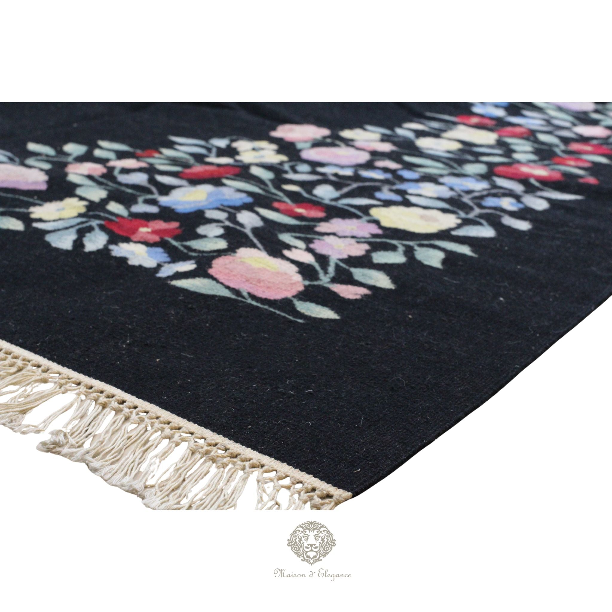 Alfombra Fino Kilim Tejido Plano Lana Negro Natural - Diseño Floral Europea 373x264 cm Doble cara