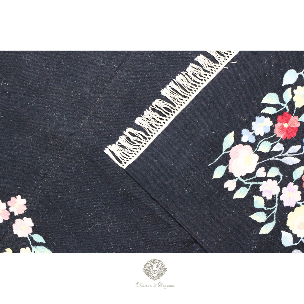 Alfombra Fino Kilim Tejido Plano Lana Negro Natural - Diseño Floral Europea 373x264 cm Doble cara