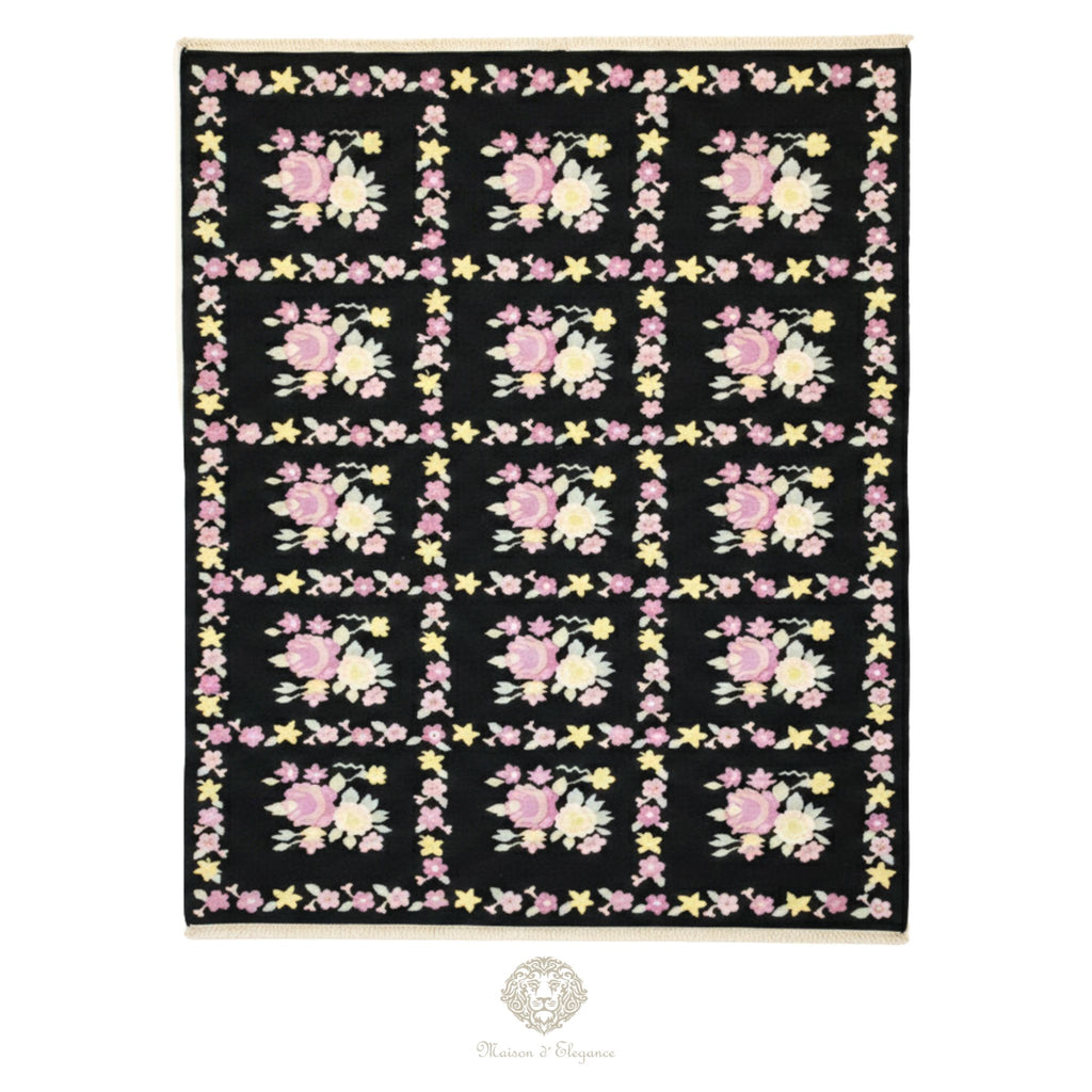 Alfombra Fino Kilim Tejido Plano Lana Negro Natural - Diseño Floral Europea 370x276 Doble cara