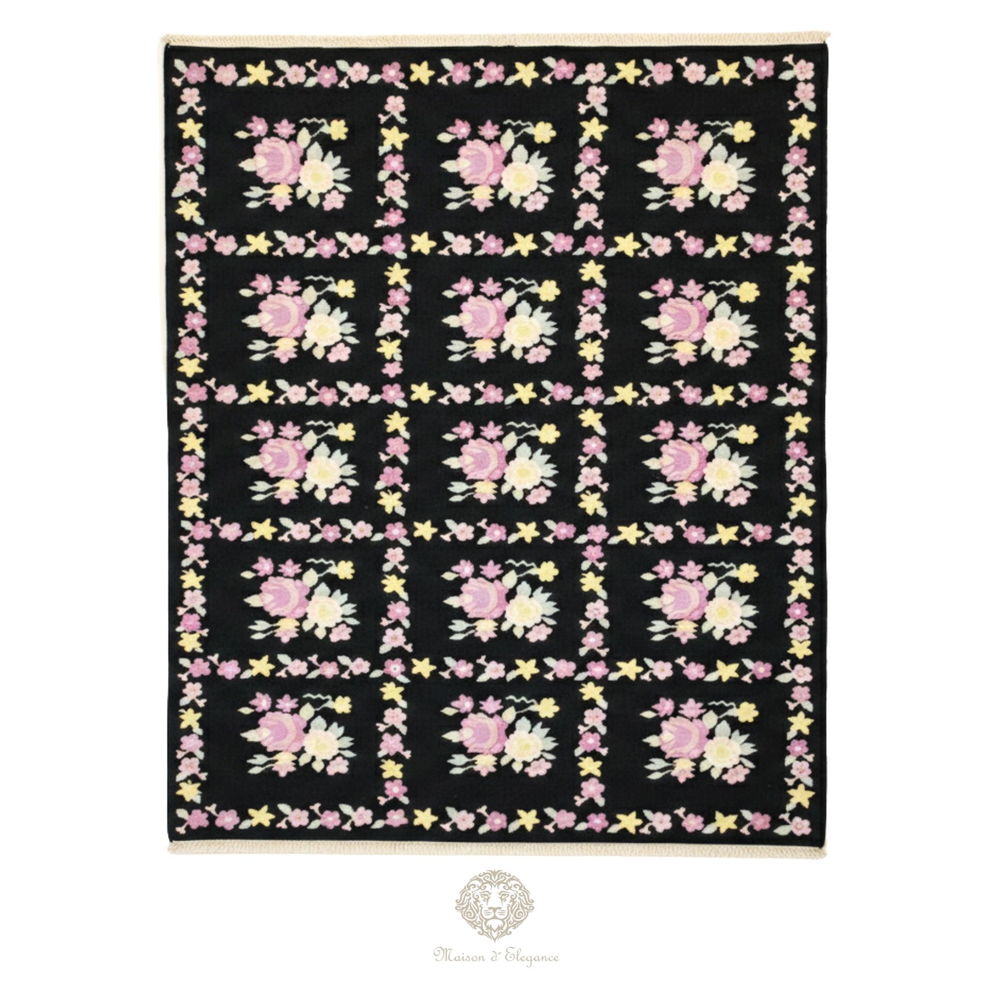 Alfombra Fino Kilim Tejido Plano Lana Negro Natural - Diseño Floral Europea 370x276 Doble cara