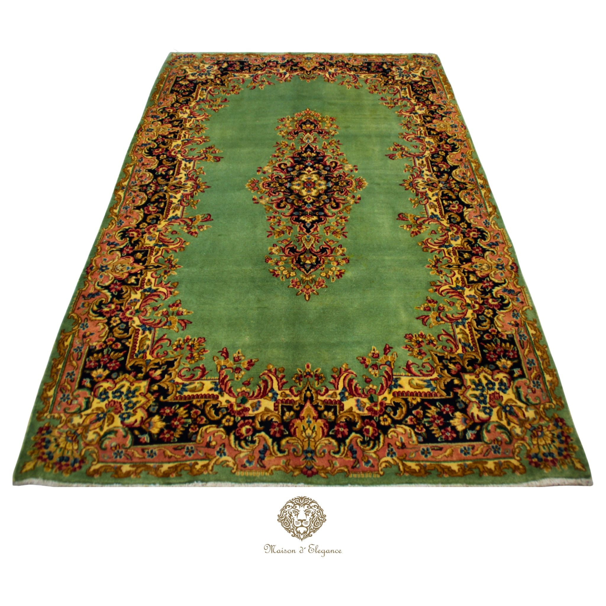 Luxury Handmade Persian Kerman Wool Rug – Green Floral Medallion Design