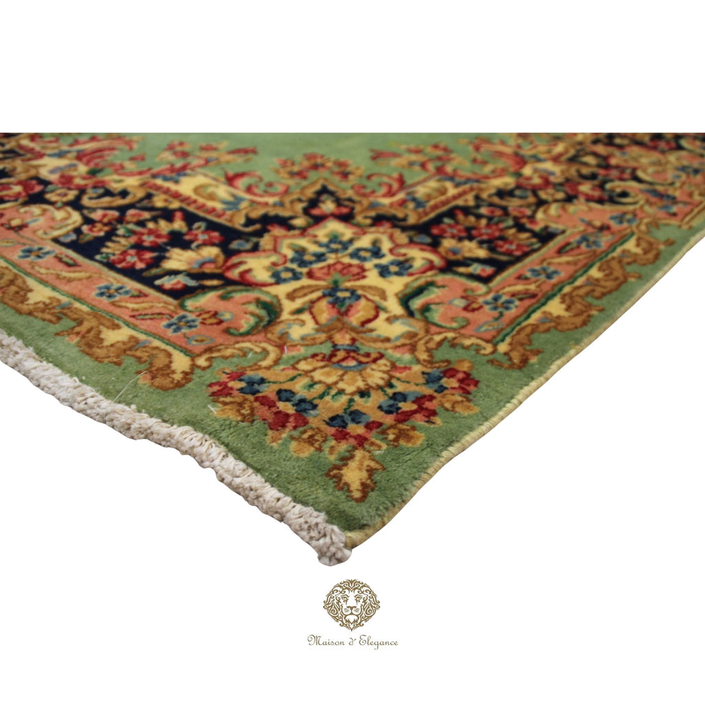 Luxury Handmade Persian Kerman Wool Rug – Green Floral Medallion Design