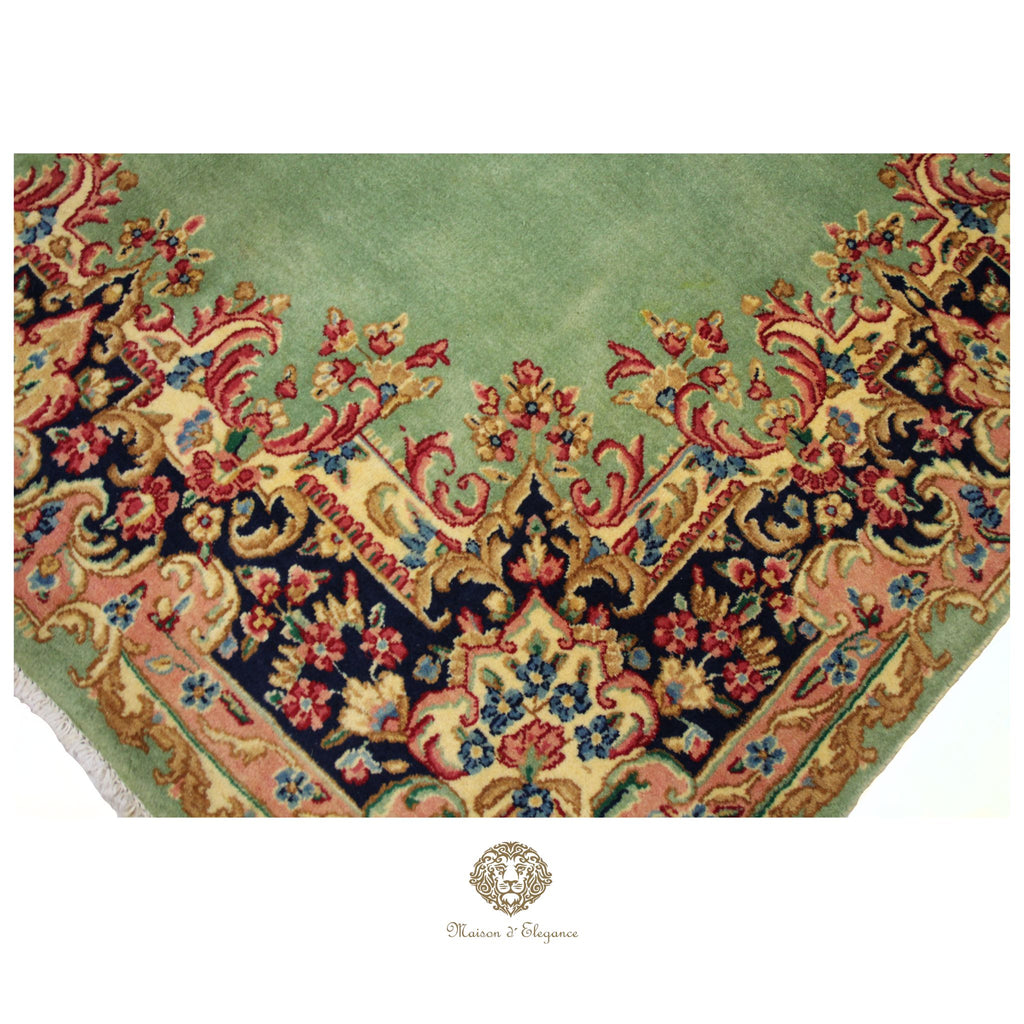 Luxury Handmade Persian Kerman Wool Rug – Green Floral Medallion Design