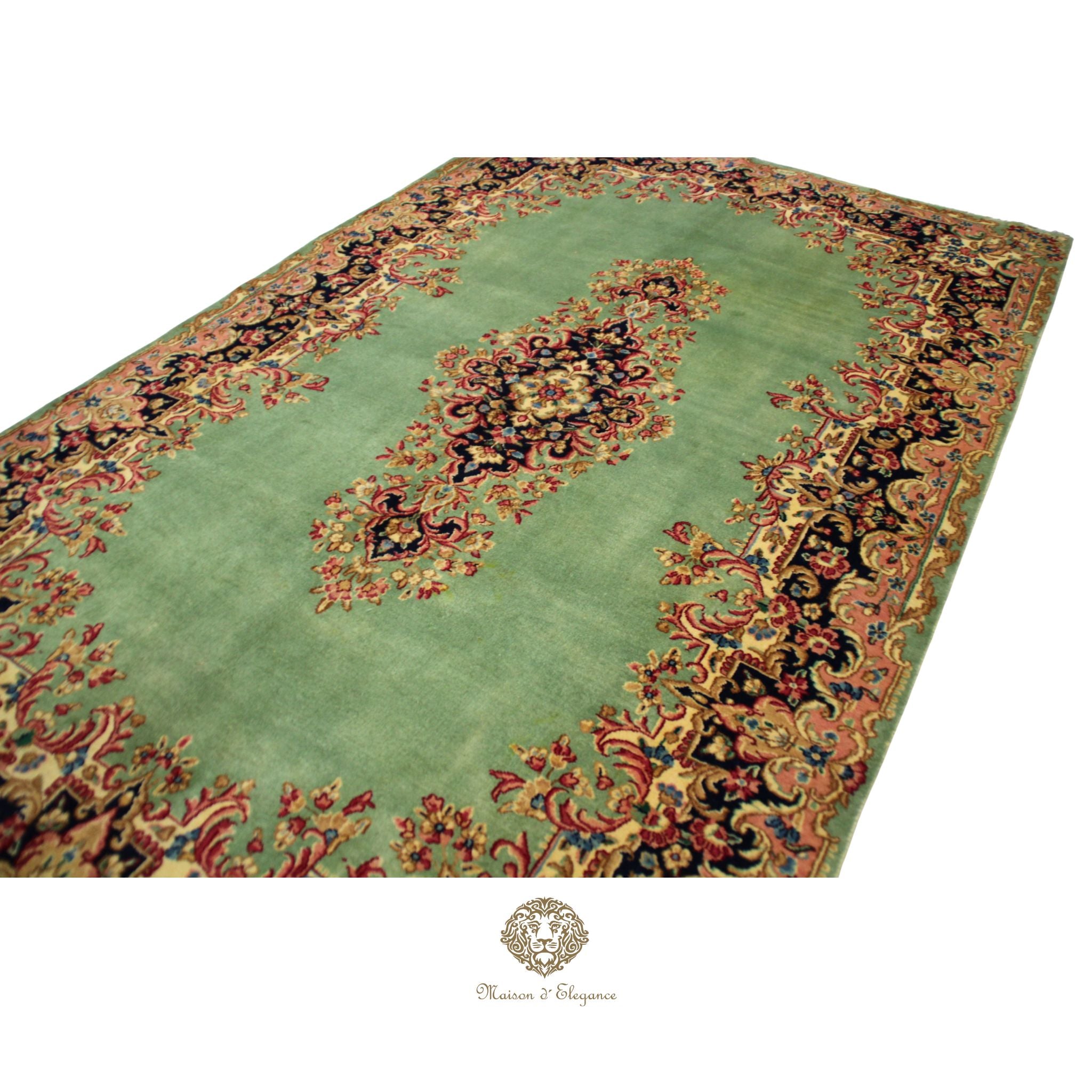 Luxury Handmade Persian Kerman Wool Rug – Green Floral Medallion Design