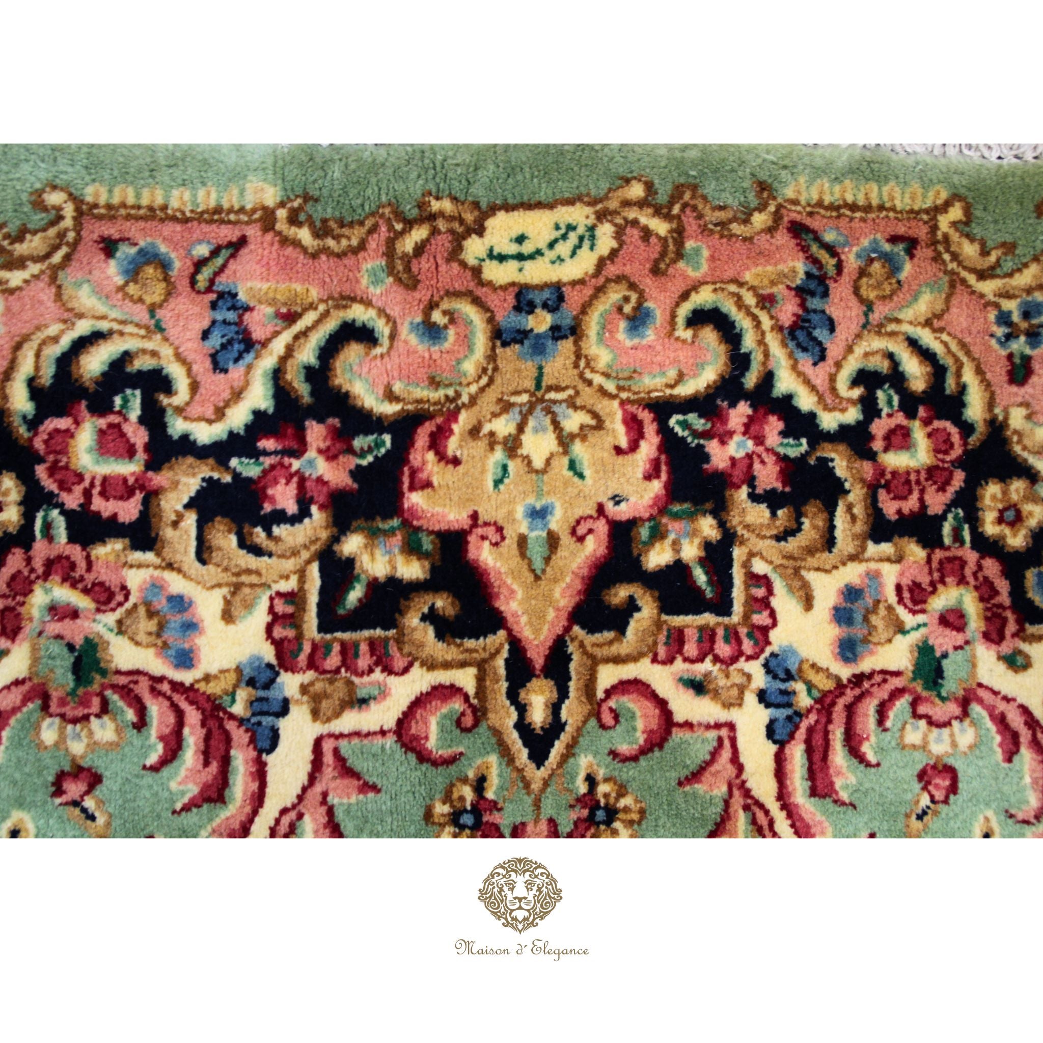 Luxury Handmade Persian Kerman Wool Rug – Green Floral Medallion Design