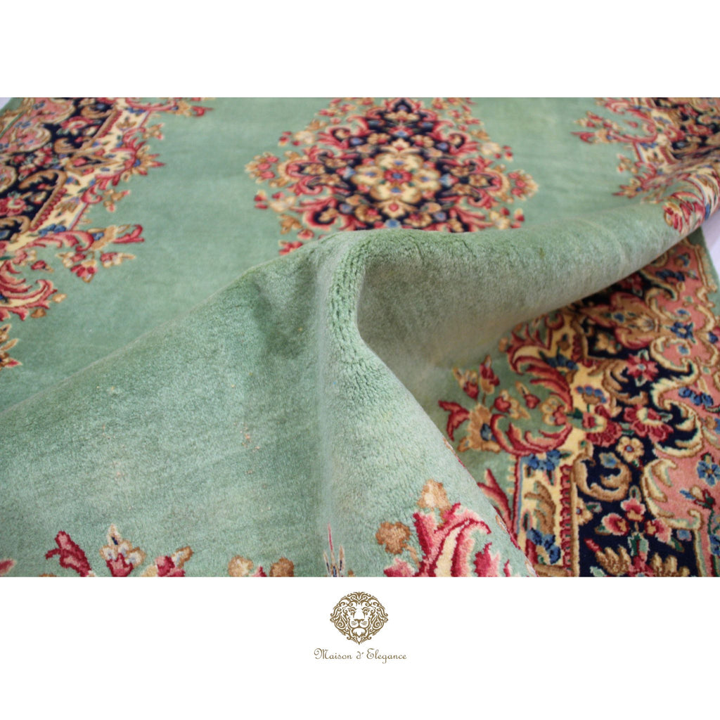 Luxury Handmade Persian Kerman Wool Rug – Green Floral Medallion Design