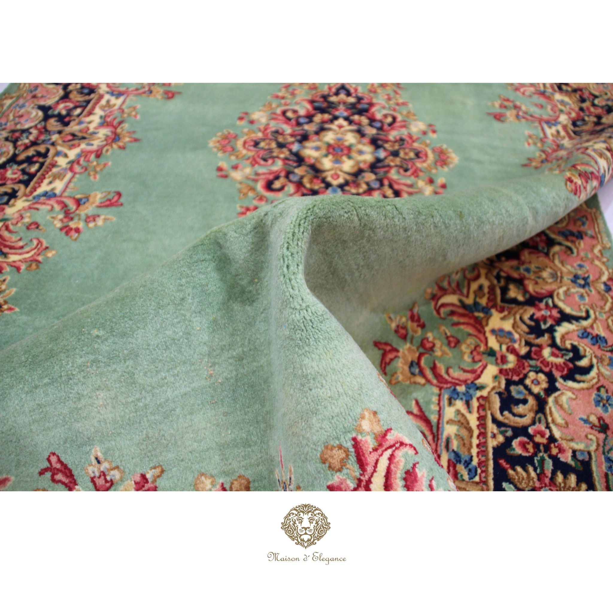 Luxury Handmade Persian Kerman Wool Rug – Green Floral Medallion Design