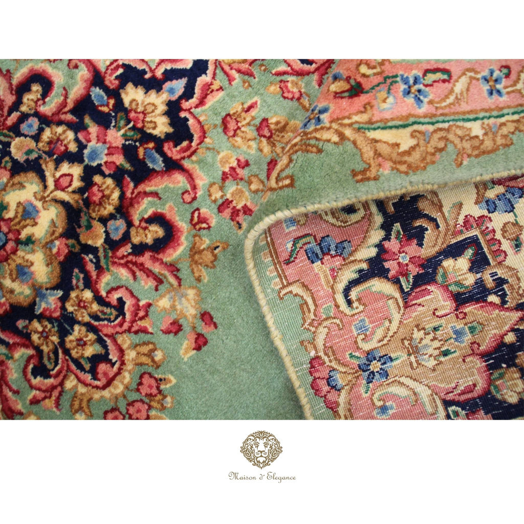 Luxury Handmade Persian Kerman Wool Rug – Green Floral Medallion Design