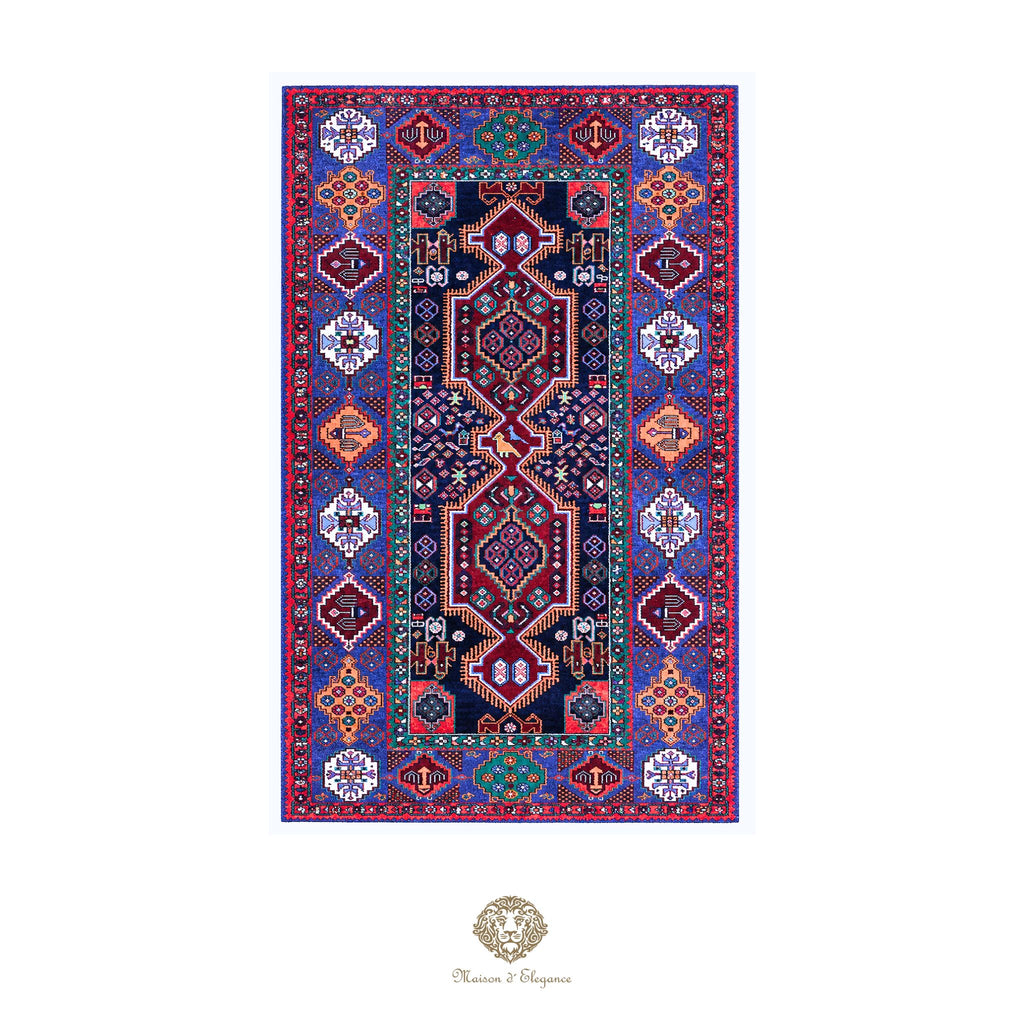 Decorative rug with intricate patterns on a navy background