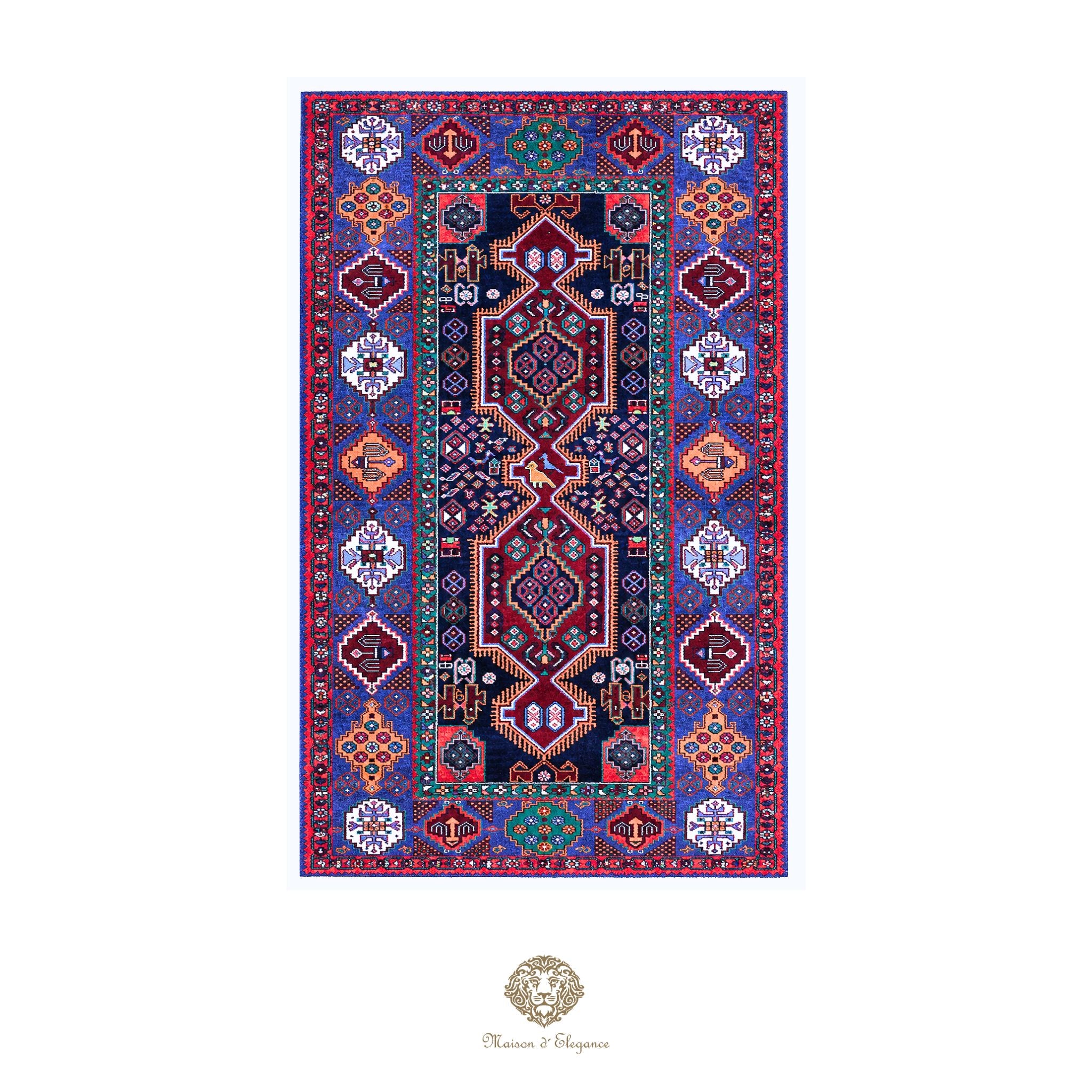 Decorative rug with intricate patterns on a navy background
