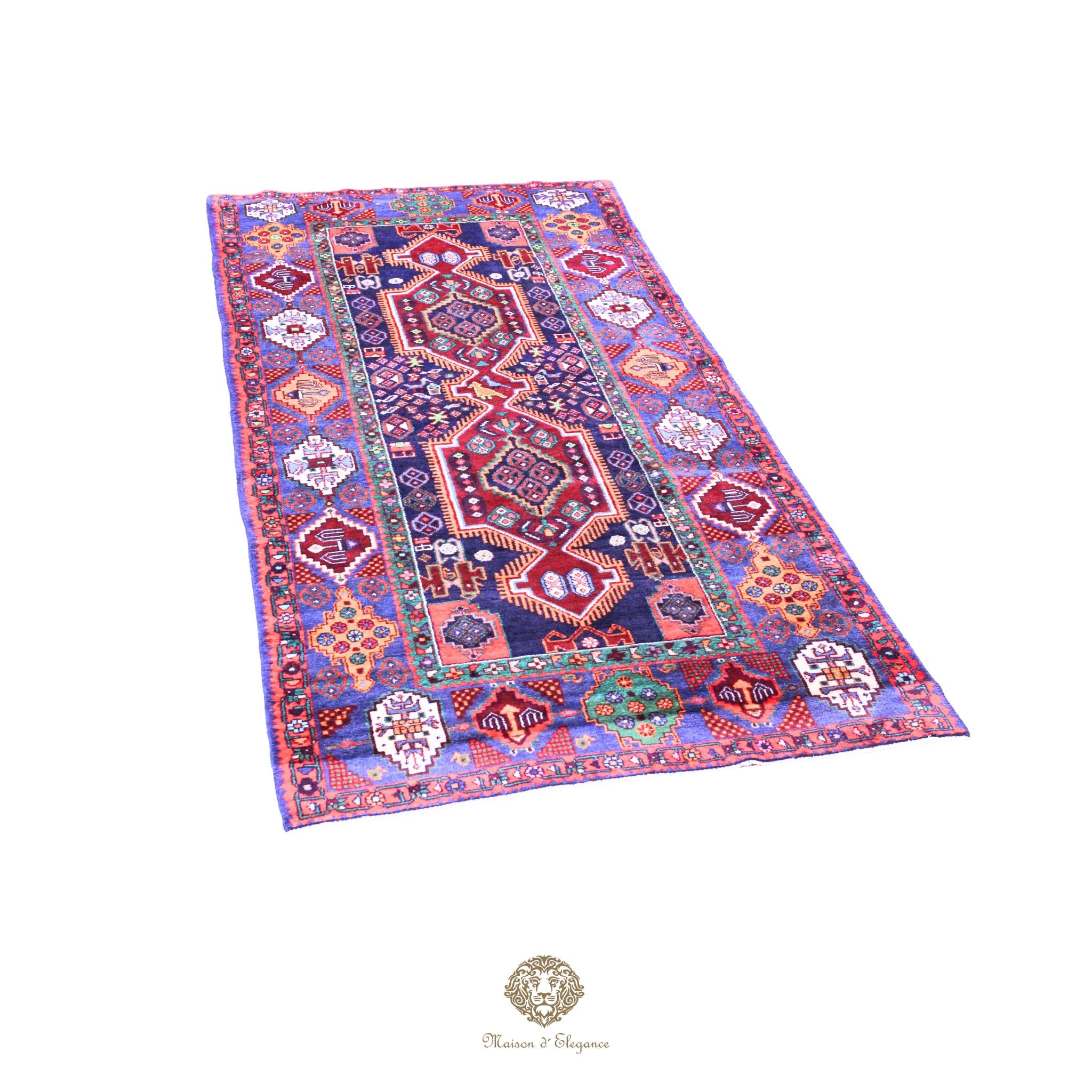 Colorful patterned rug on a navy background