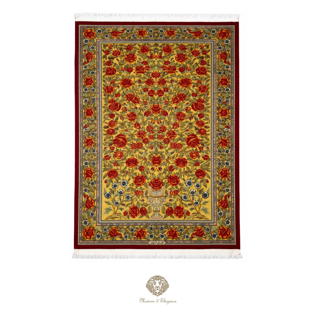 Decorative rug with floral pattern on a gold background
