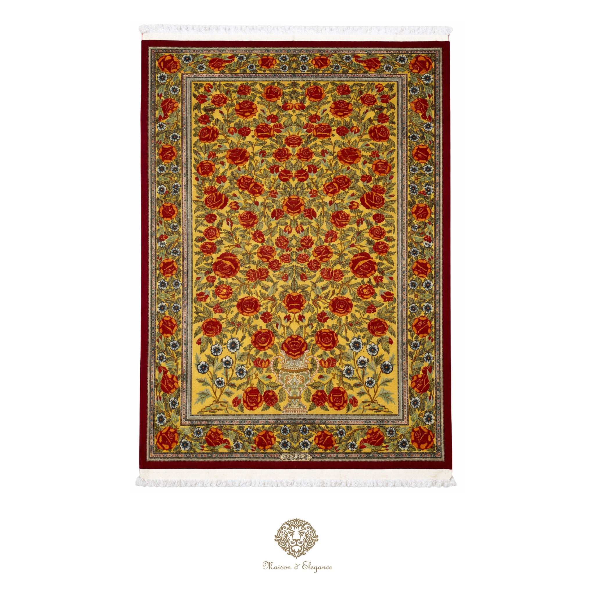 Decorative rug with floral pattern on a gold background