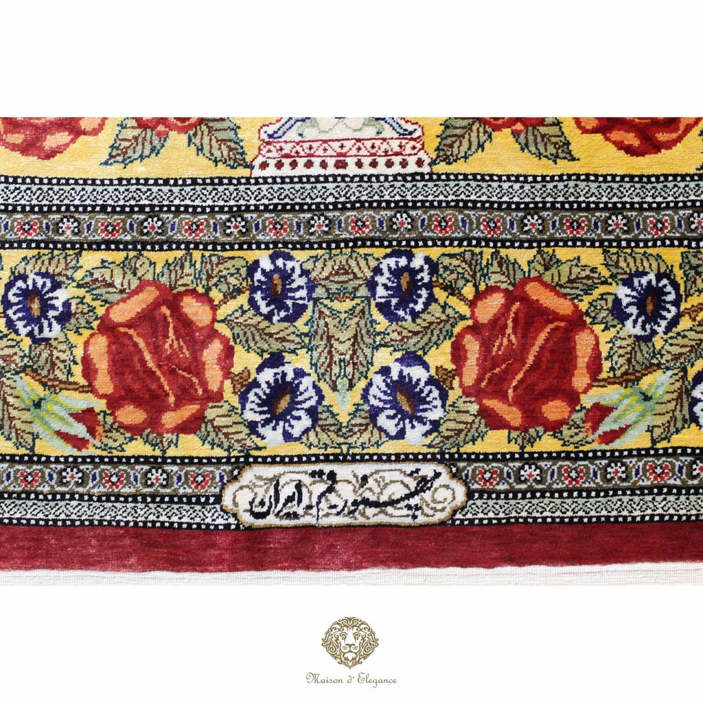 Decorative fabric with floral and geometric patterns on a yellow background