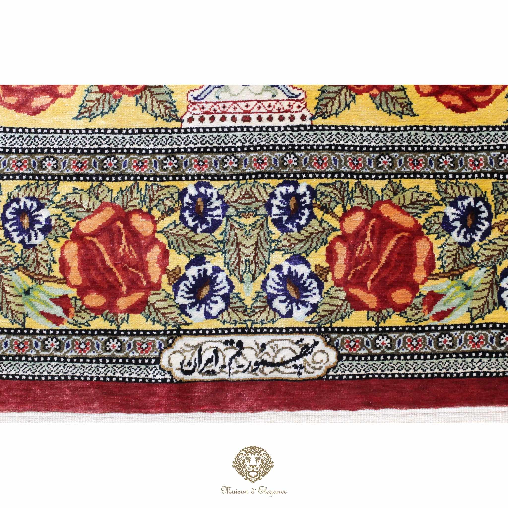 Decorative fabric with floral and geometric patterns on a yellow background