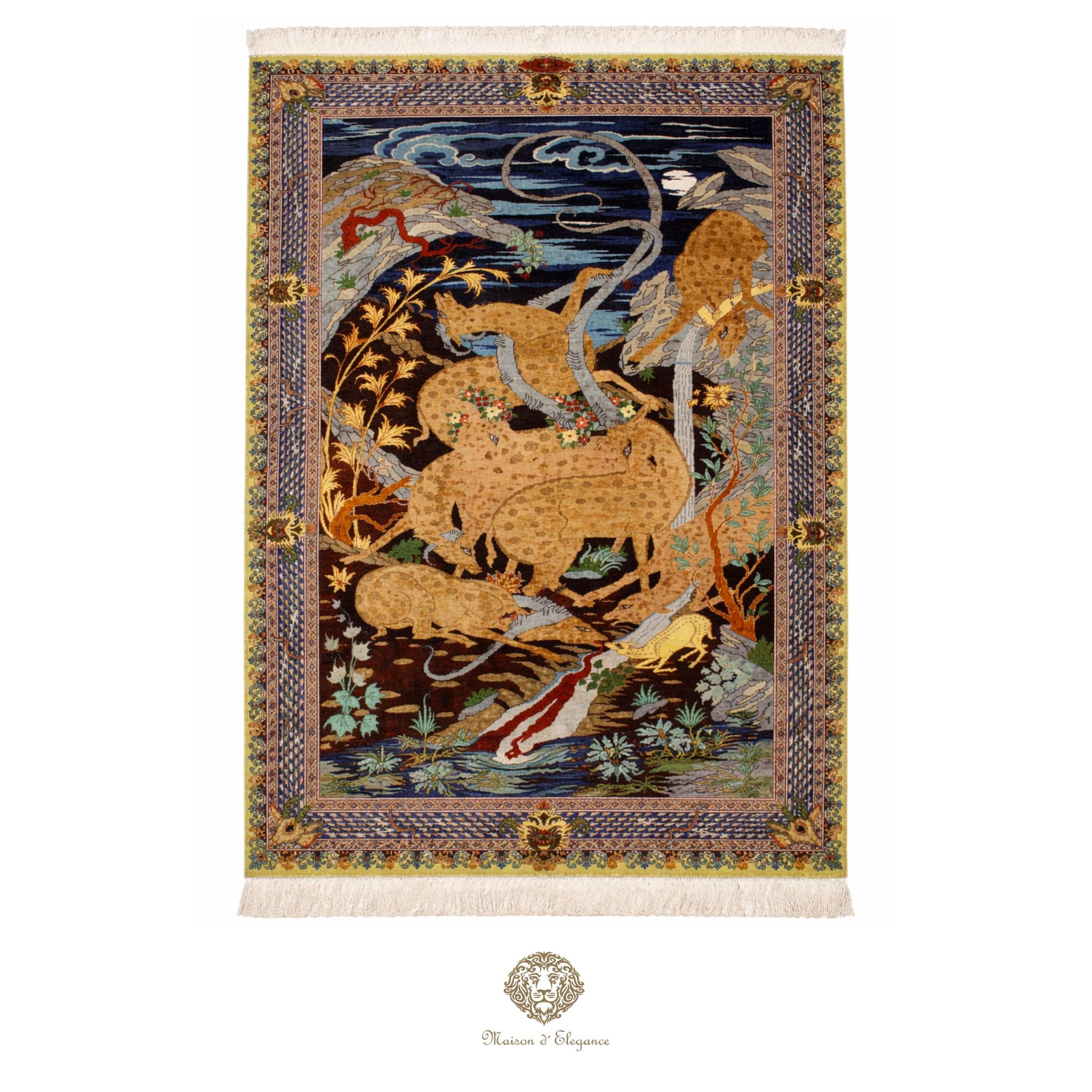 Decorative rug with intricate design featuring animals and patterns, brand 'Chobi' visible.