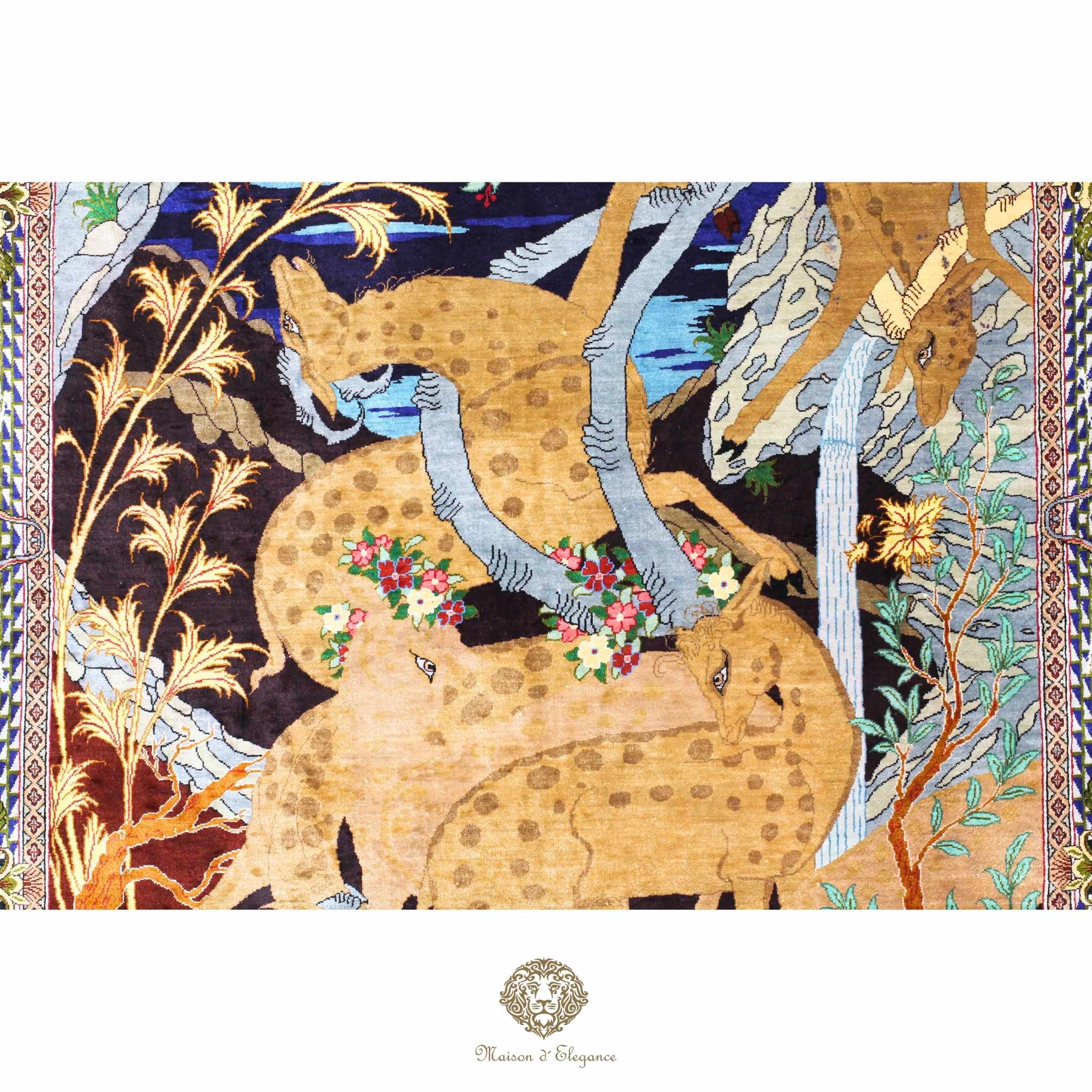 Decorative carpet with deers and floral patterns, featuring the brand 