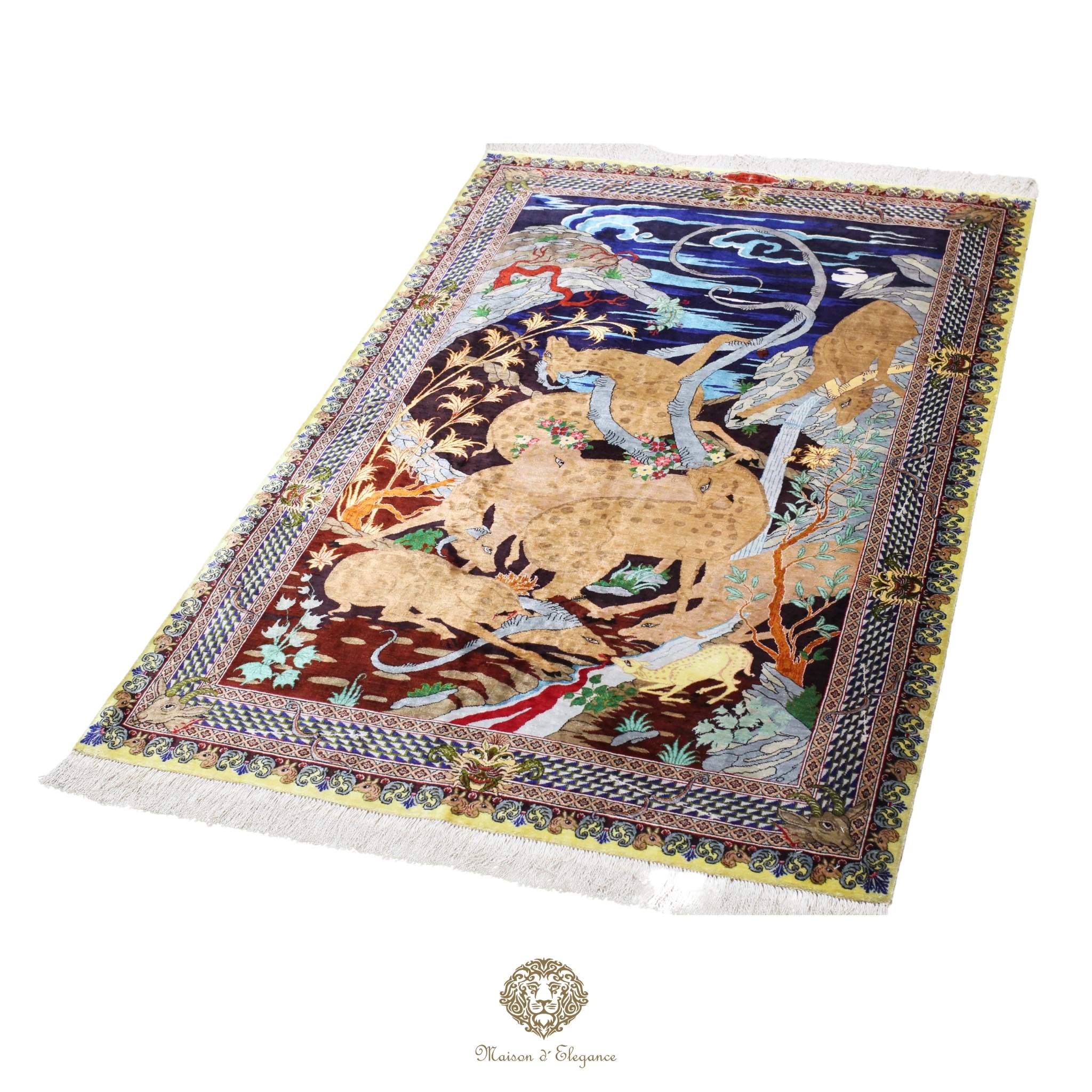 Decorative rug with intricate design on navy background