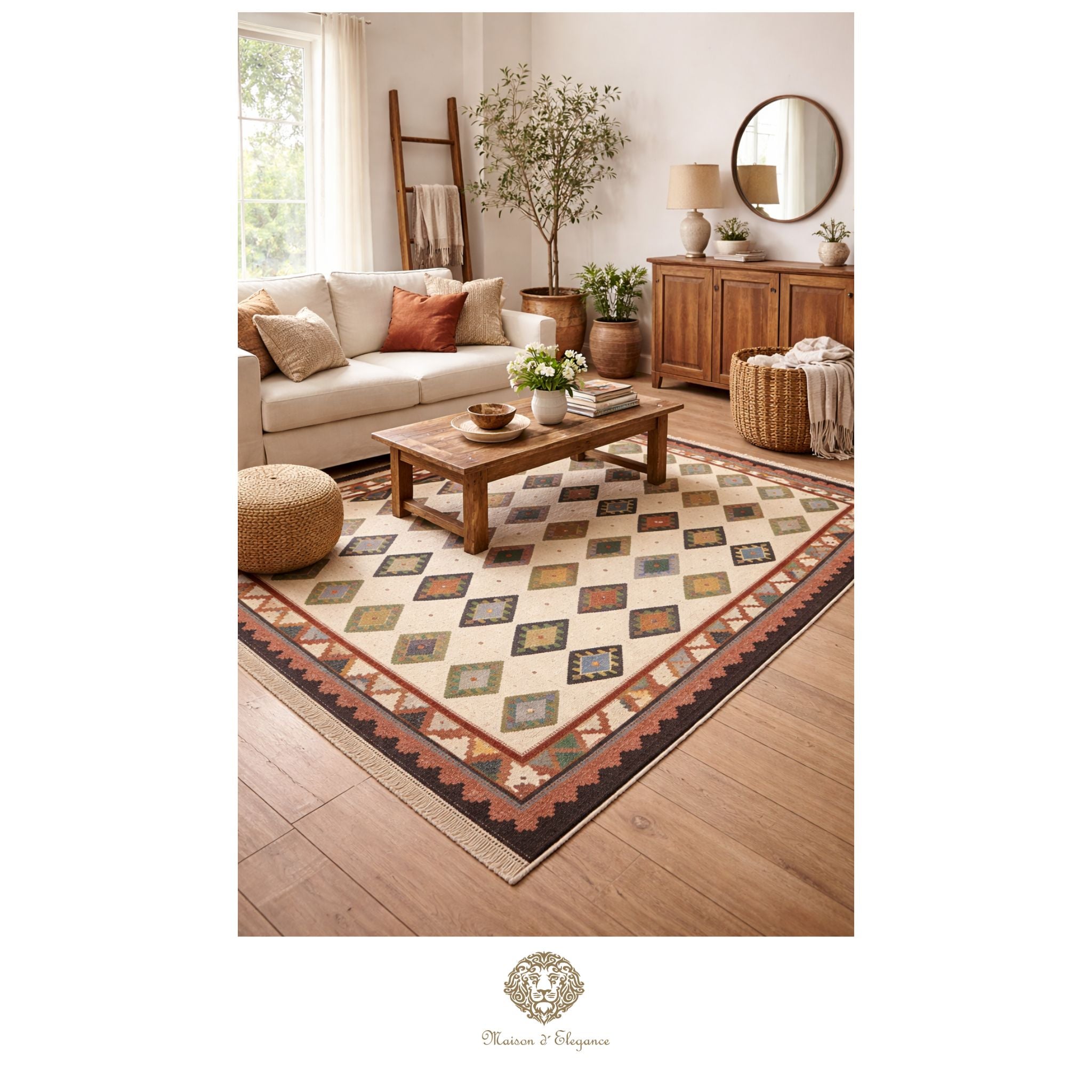 Living room with a patterned rug, wooden coffee table, and decorative items.