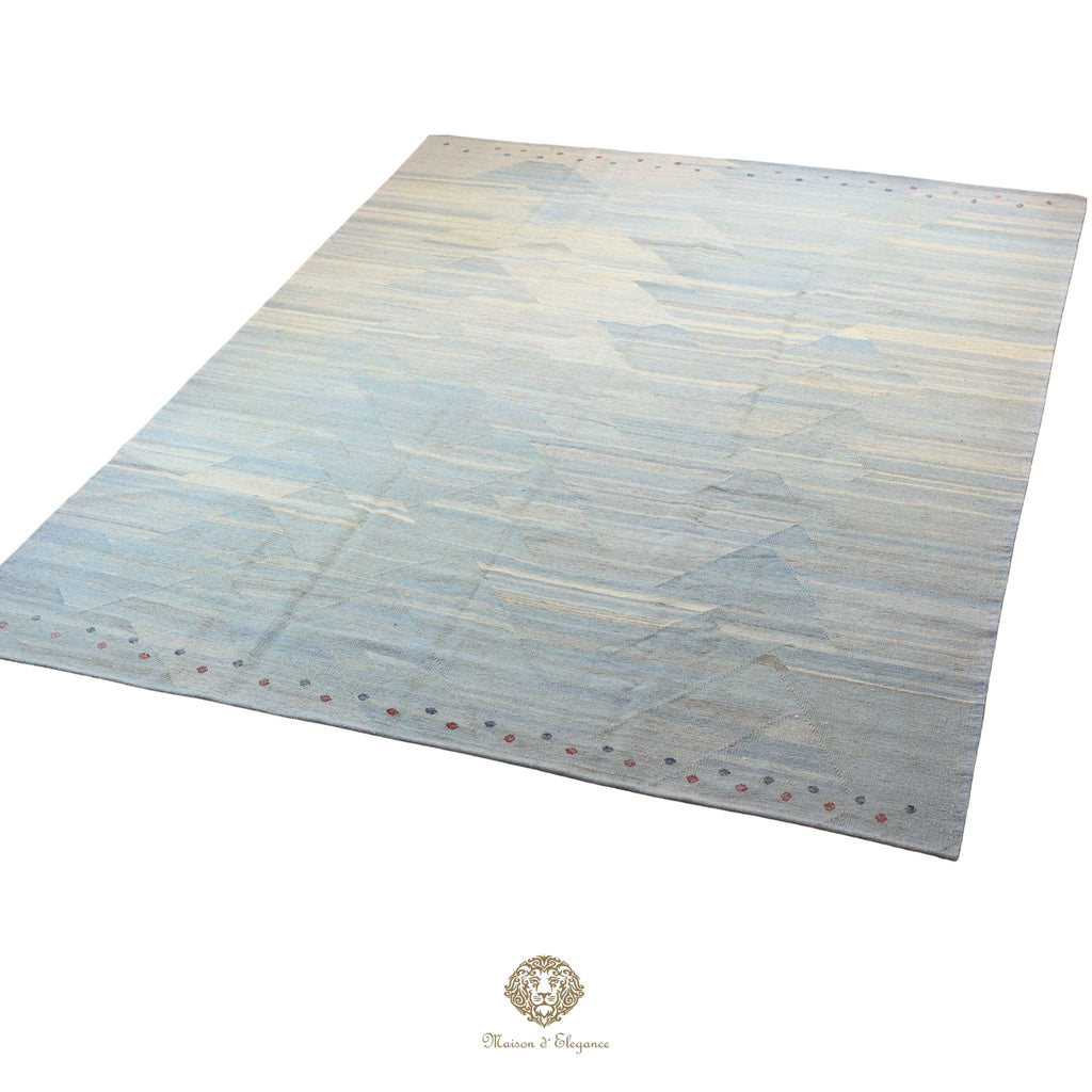 Alfombra Kilim moderna de lana lisa en color azul con tejido plano | Colección Maison Zagros 262x342 cm