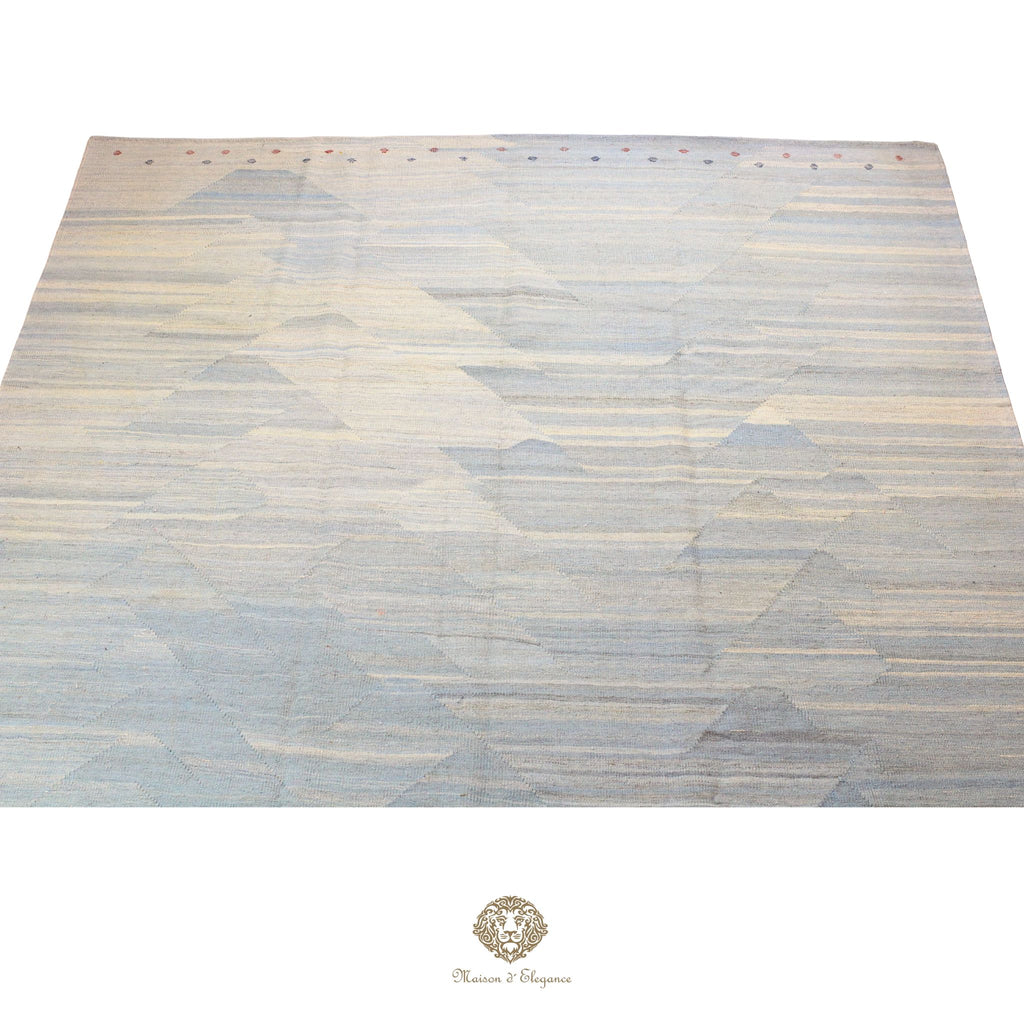 Alfombra Kilim moderna de lana lisa en color azul con tejido plano | Colección Maison Zagros 262x342 cm