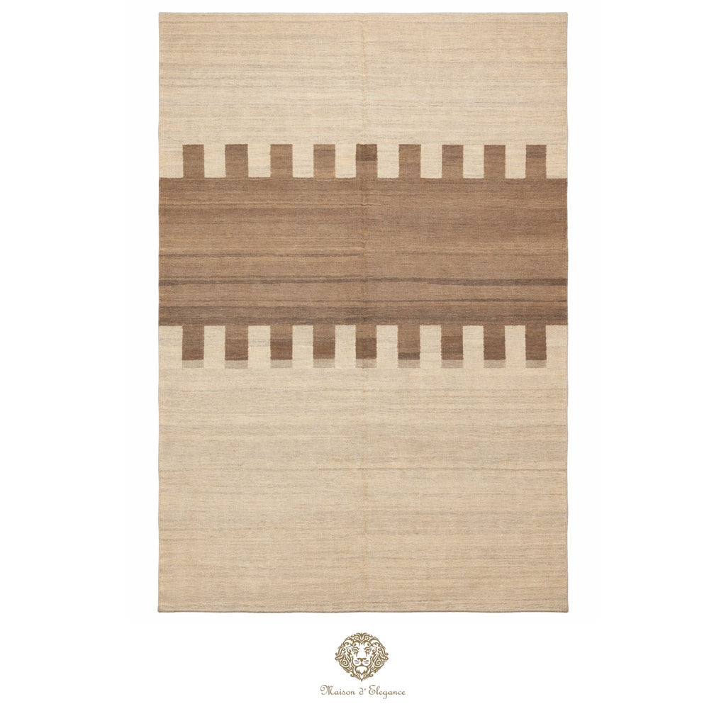 Beige and brown striped rug with a brand logo at the bottom right corner.