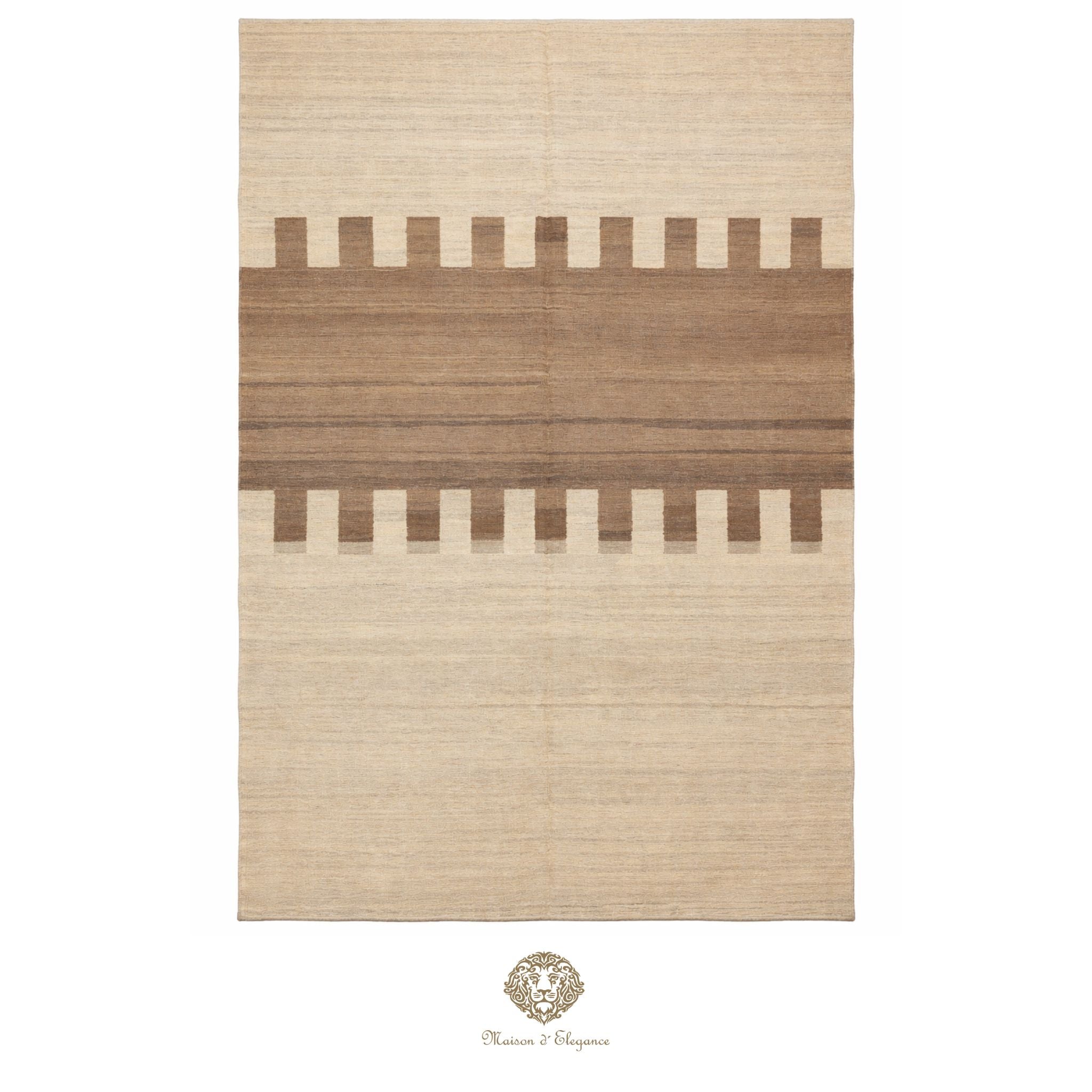 Beige and brown striped rug with a brand logo at the bottom right corner.