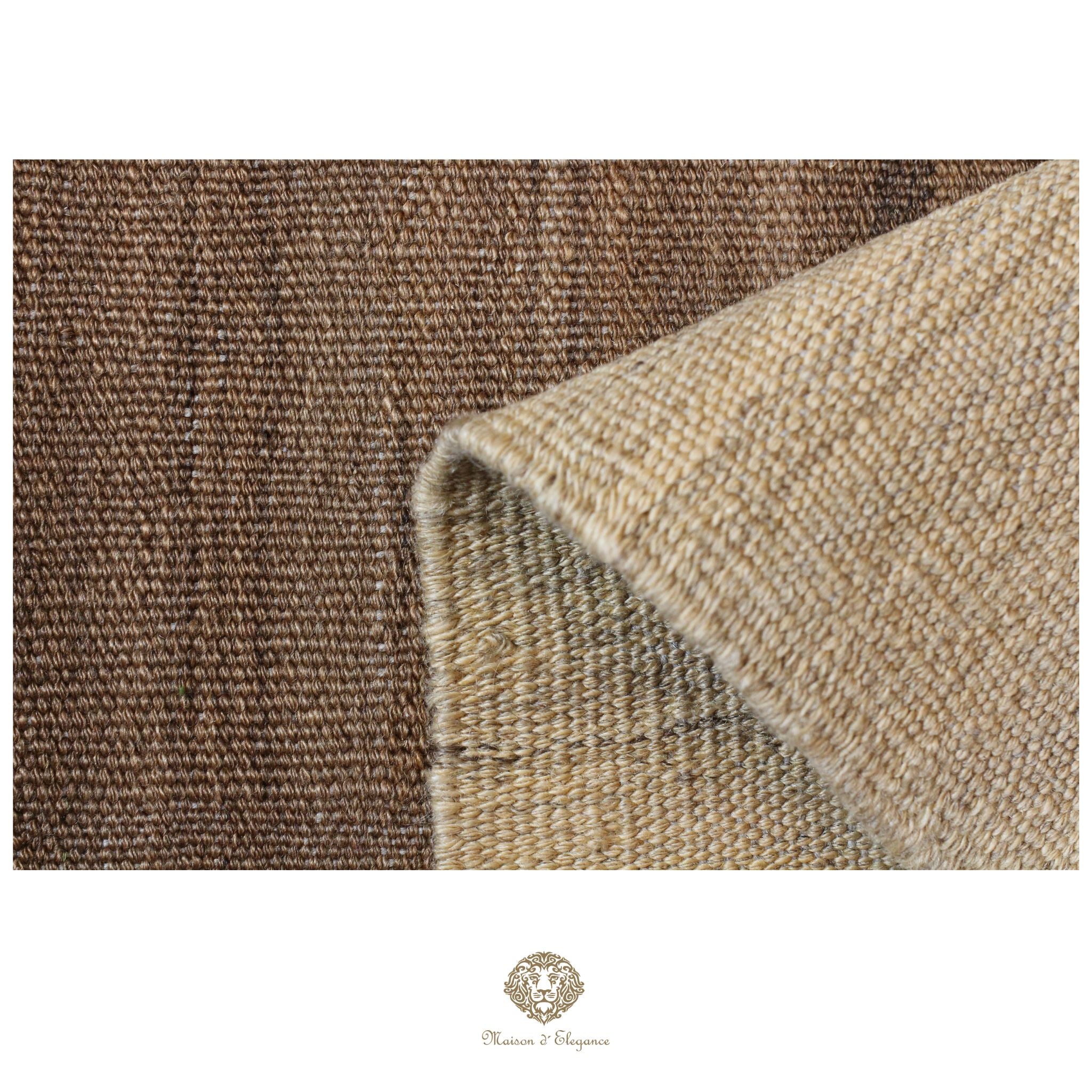 Close-up of brown textured fabric with a brand logo at the bottom.