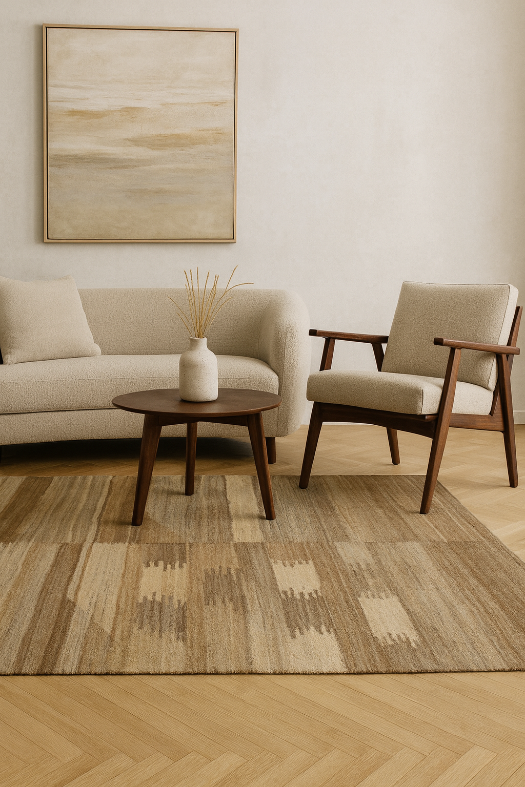 Modern living room with beige sofa, armchair, and wooden coffee table on a patterned rug.