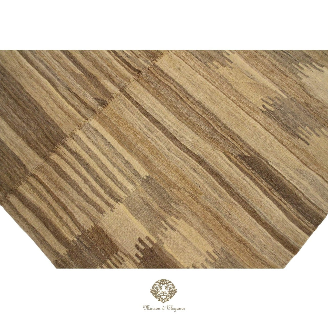 Close-up of a wooden floor with a patterned design, featuring a brand logo at the bottom.