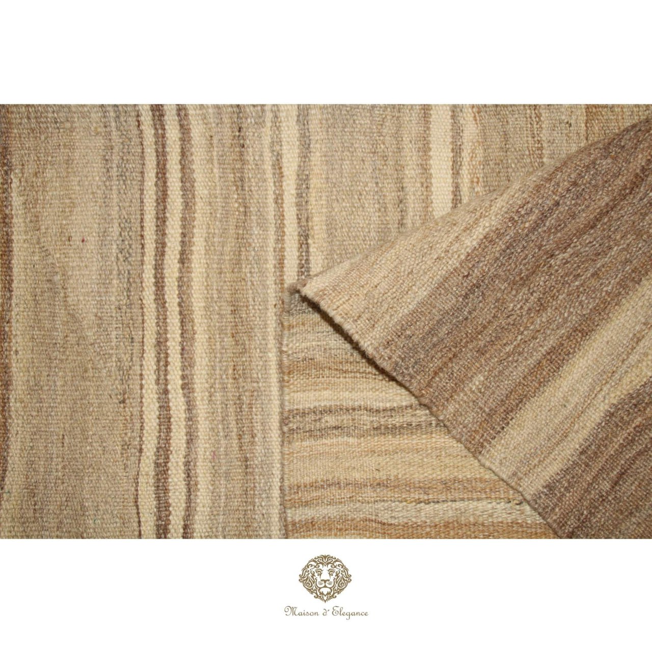 Textured fabric with brown and beige stripes on a ivory  background, featuring a brand logo.