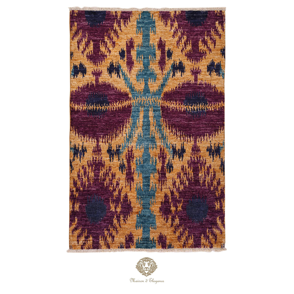 Alfombra Moderna Ikat de Lana Natural - Diseño Geométrico Artesanal 190 x 116 cm