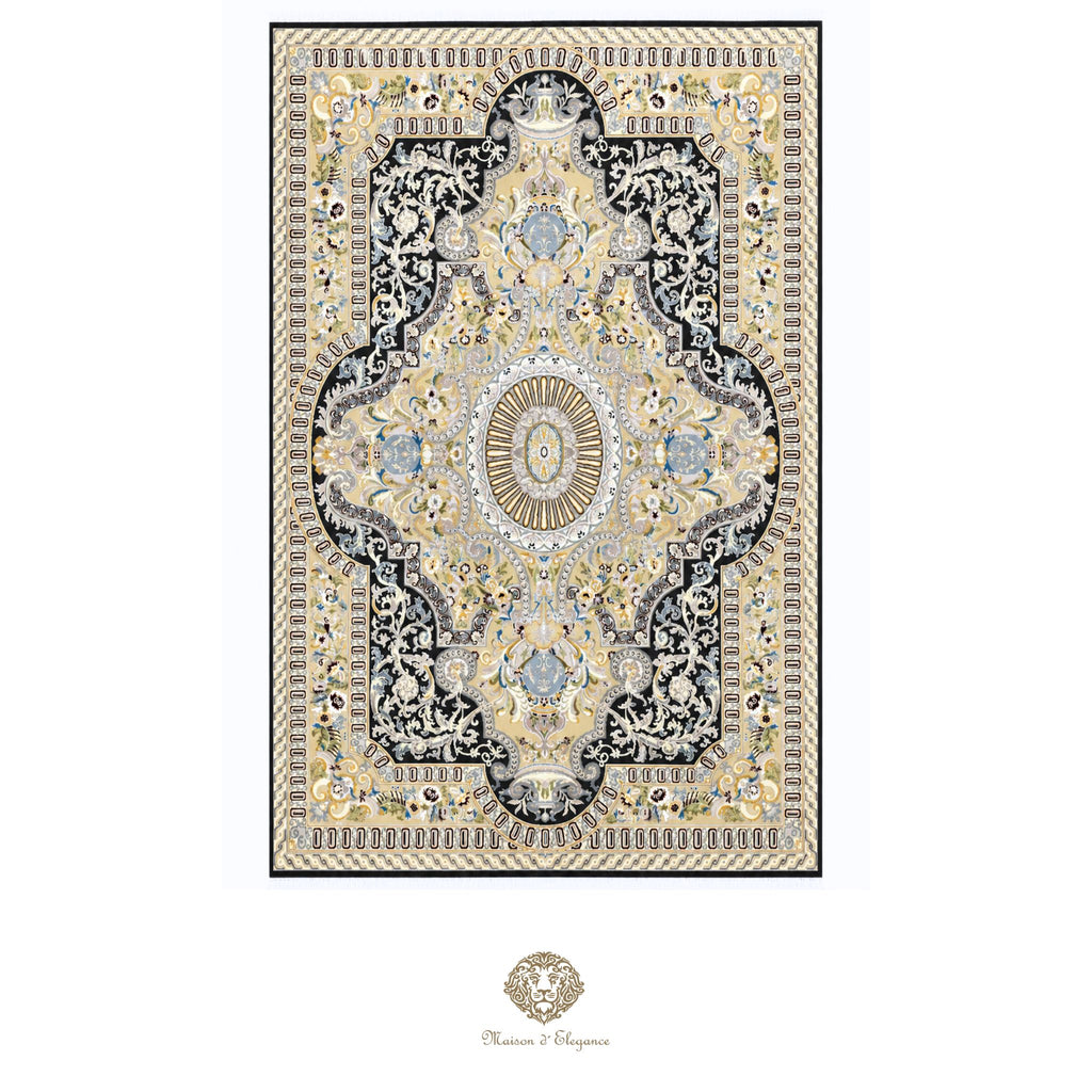 Decorative rug with intricate patterns on a Navy background