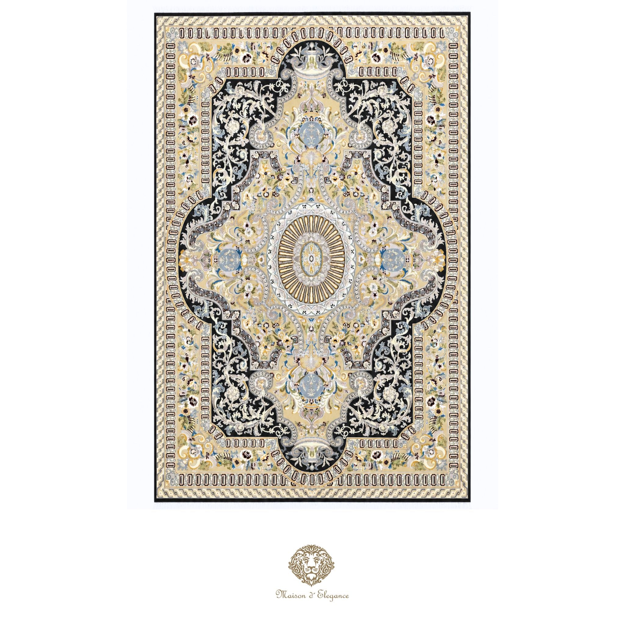 Decorative rug with intricate patterns on a Navy background