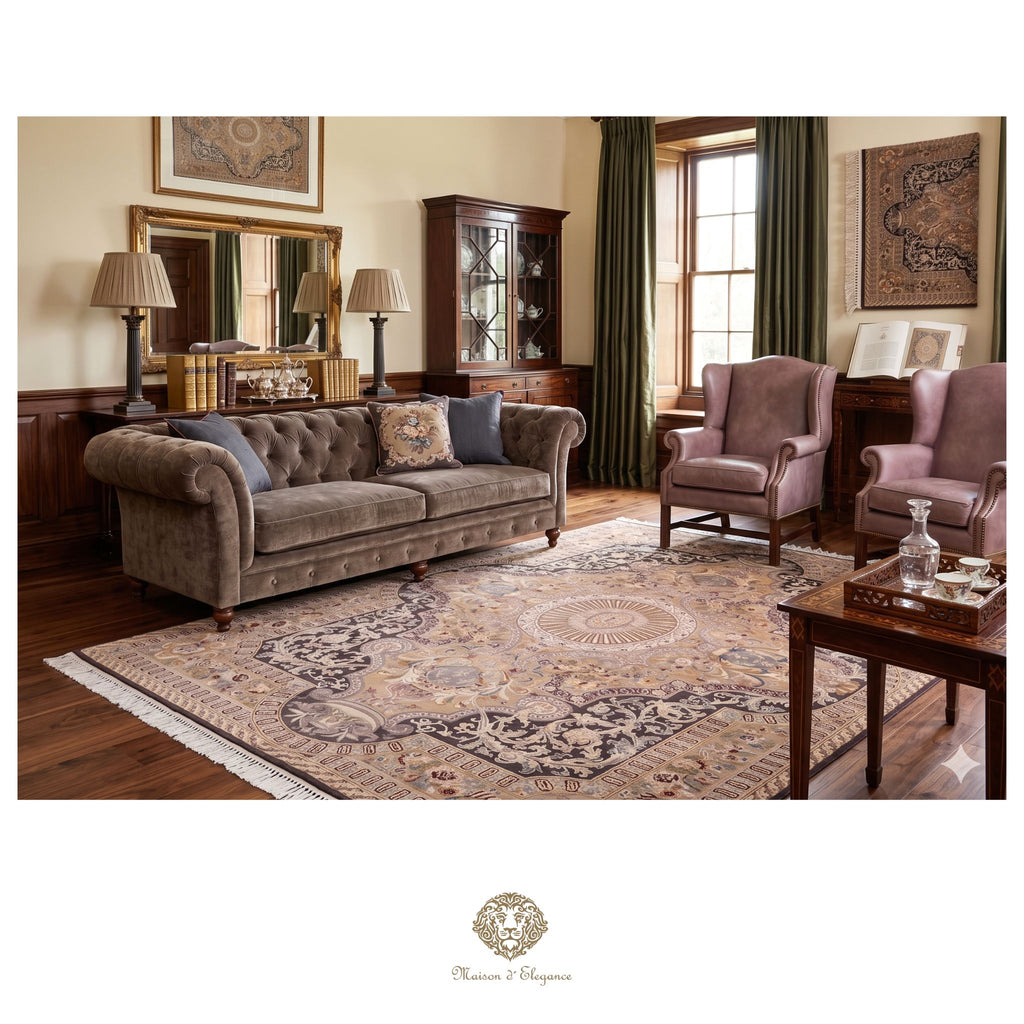 Living room with vintage-style furniture including a sofa, chairs, and a coffee table.