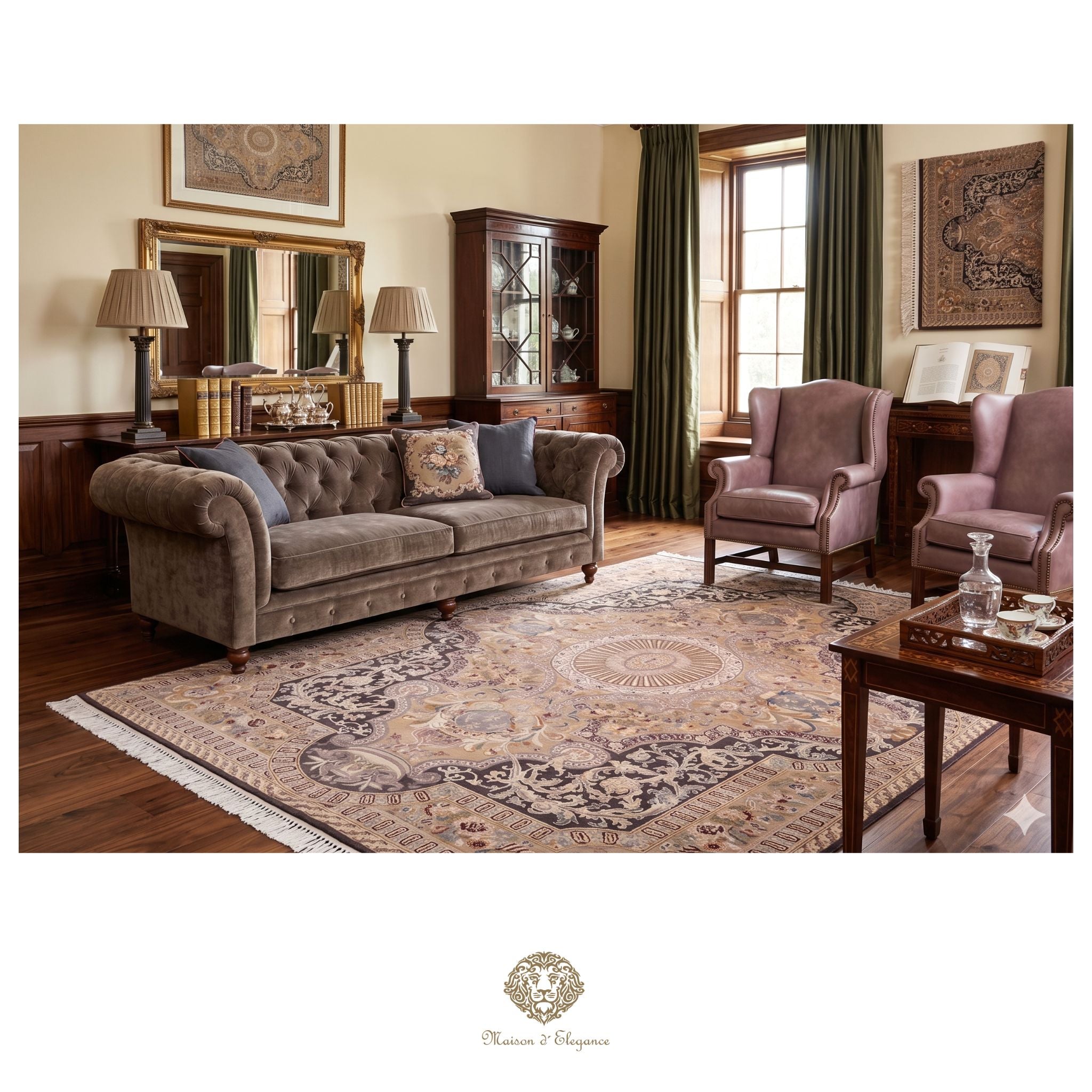 Living room with vintage-style furniture including a sofa, chairs, and a coffee table.