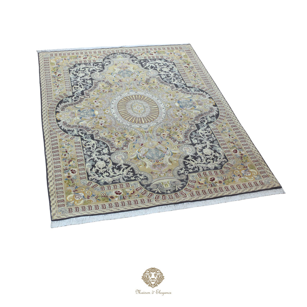 Decorative rug with intricate patterns on a navy background