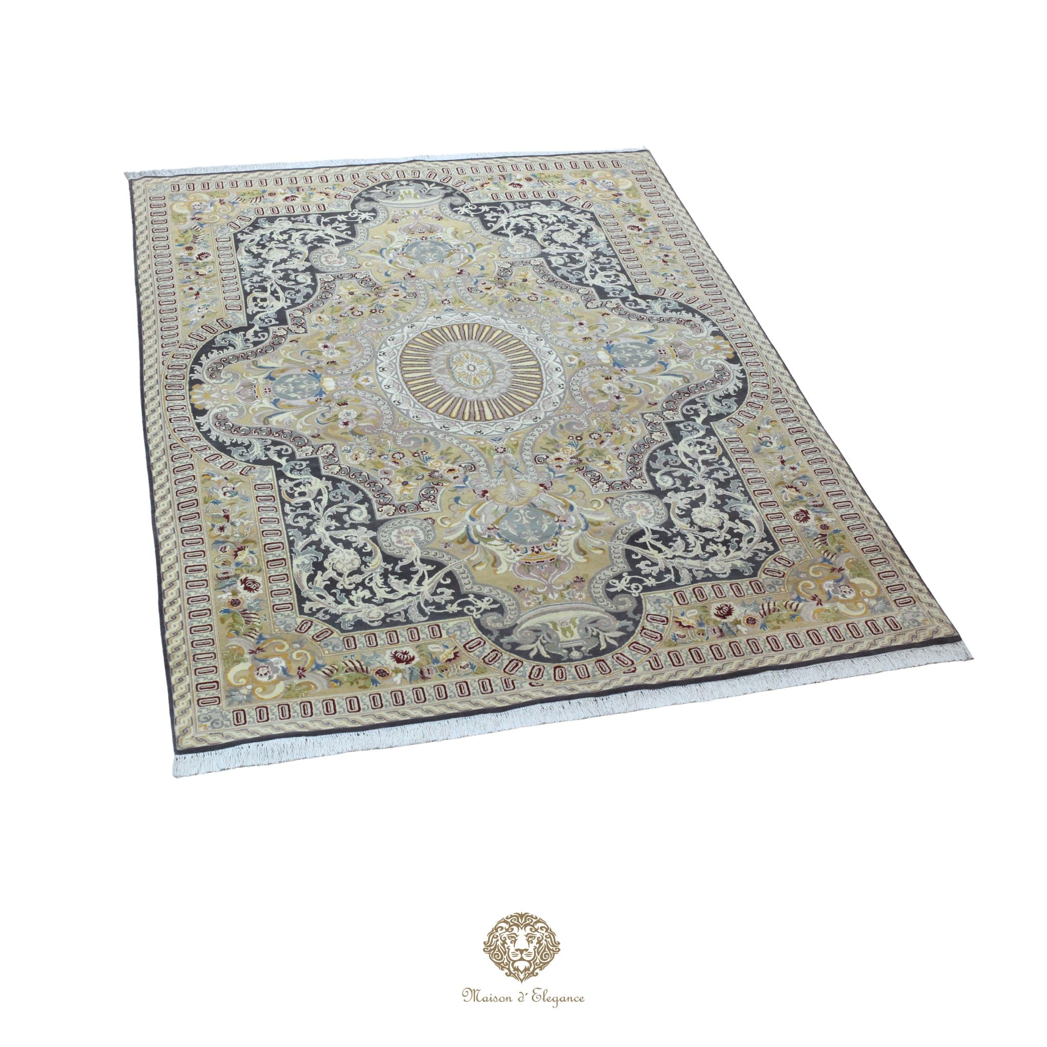Decorative rug with intricate patterns on a navy background